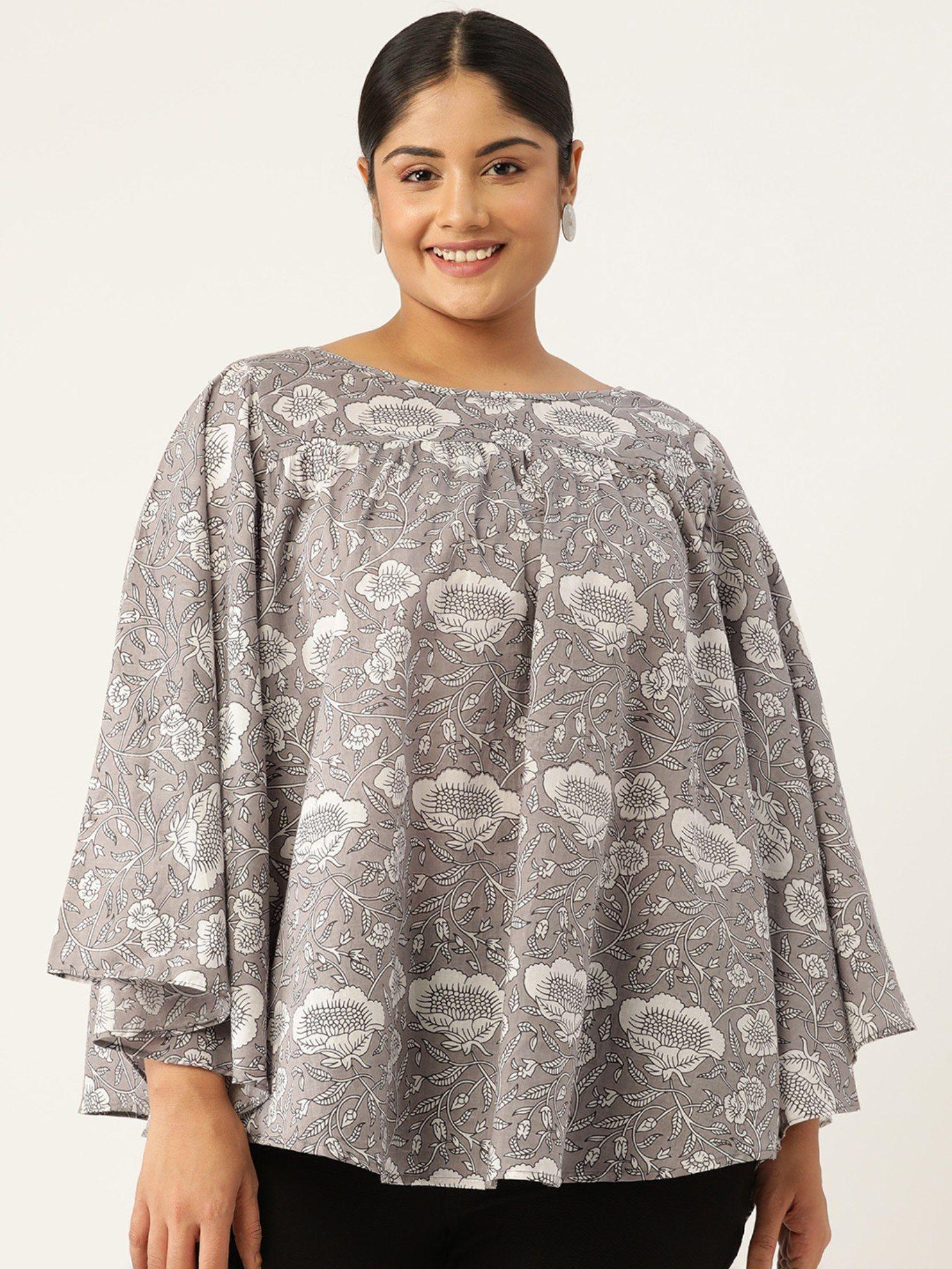 plus size womens grey monotone floral print flared sleeve cotton top