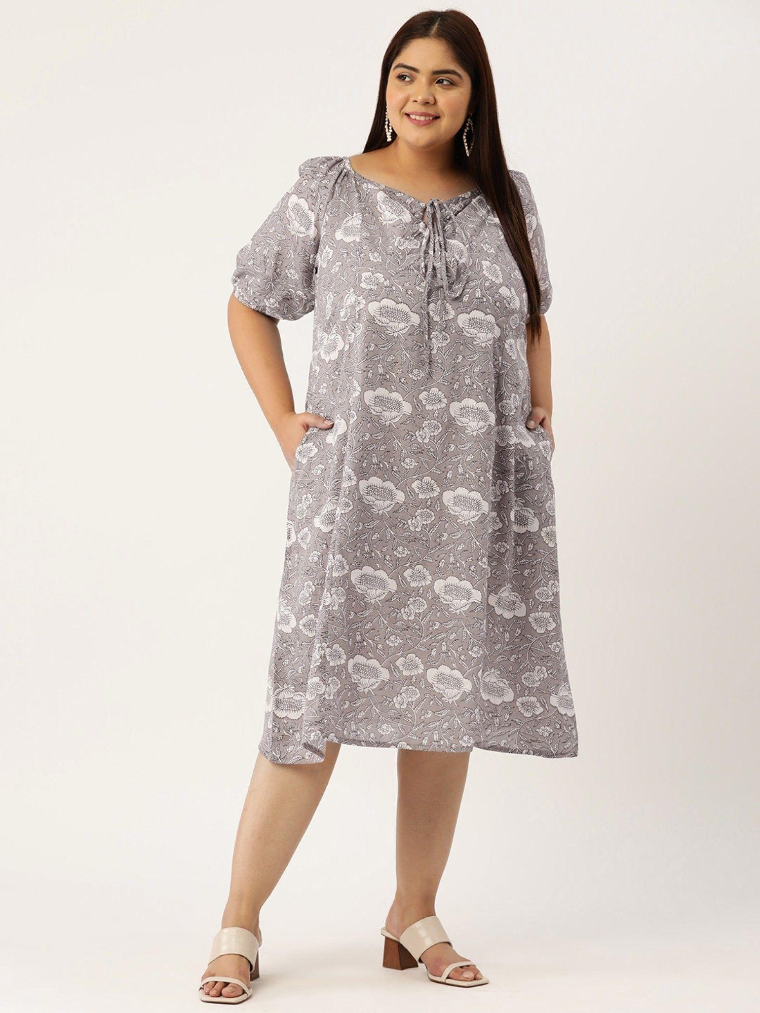 plus size womens grey monotone floral print neck tie-up cotton dress