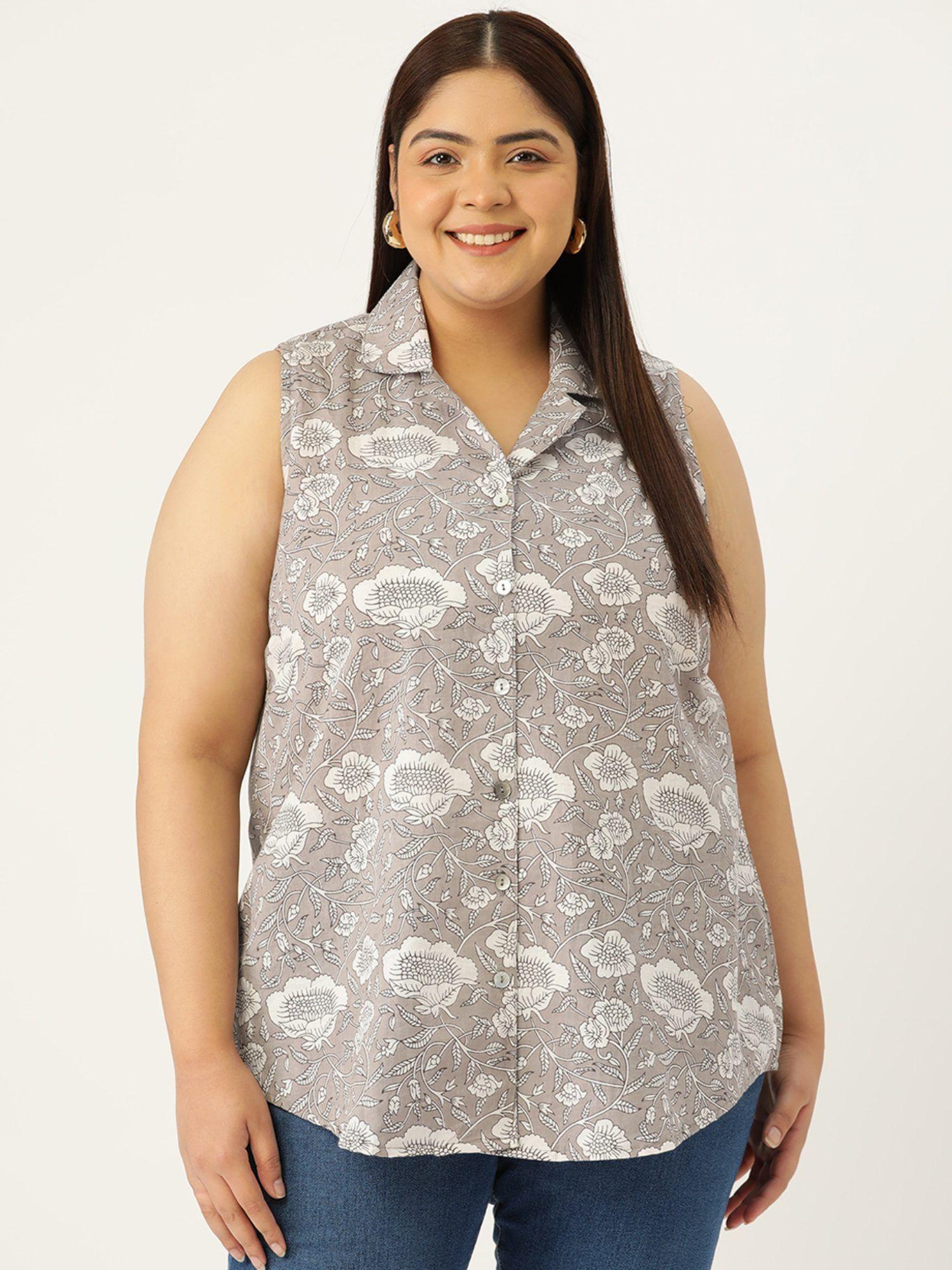 plus size womens grey monotone floral print sleeveless casual shirt