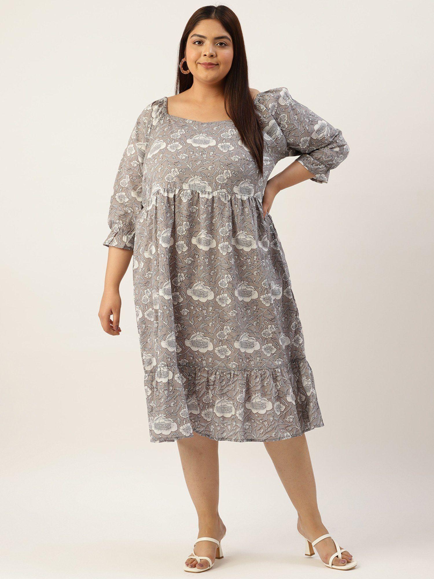 plus size womens grey monotone floral printed sweetheart neck dress