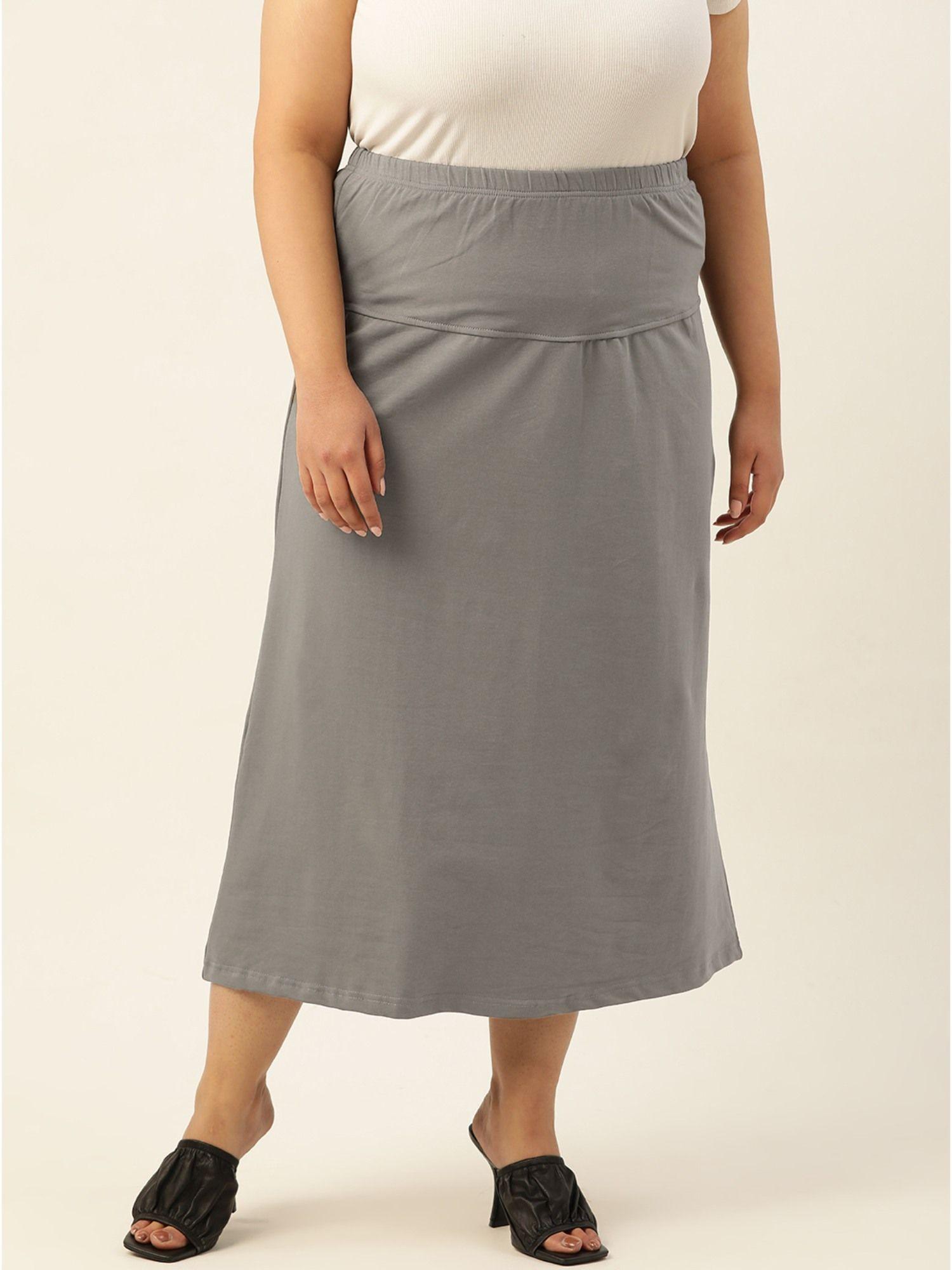 plus size womens grey solid color elastic waist midi skirt