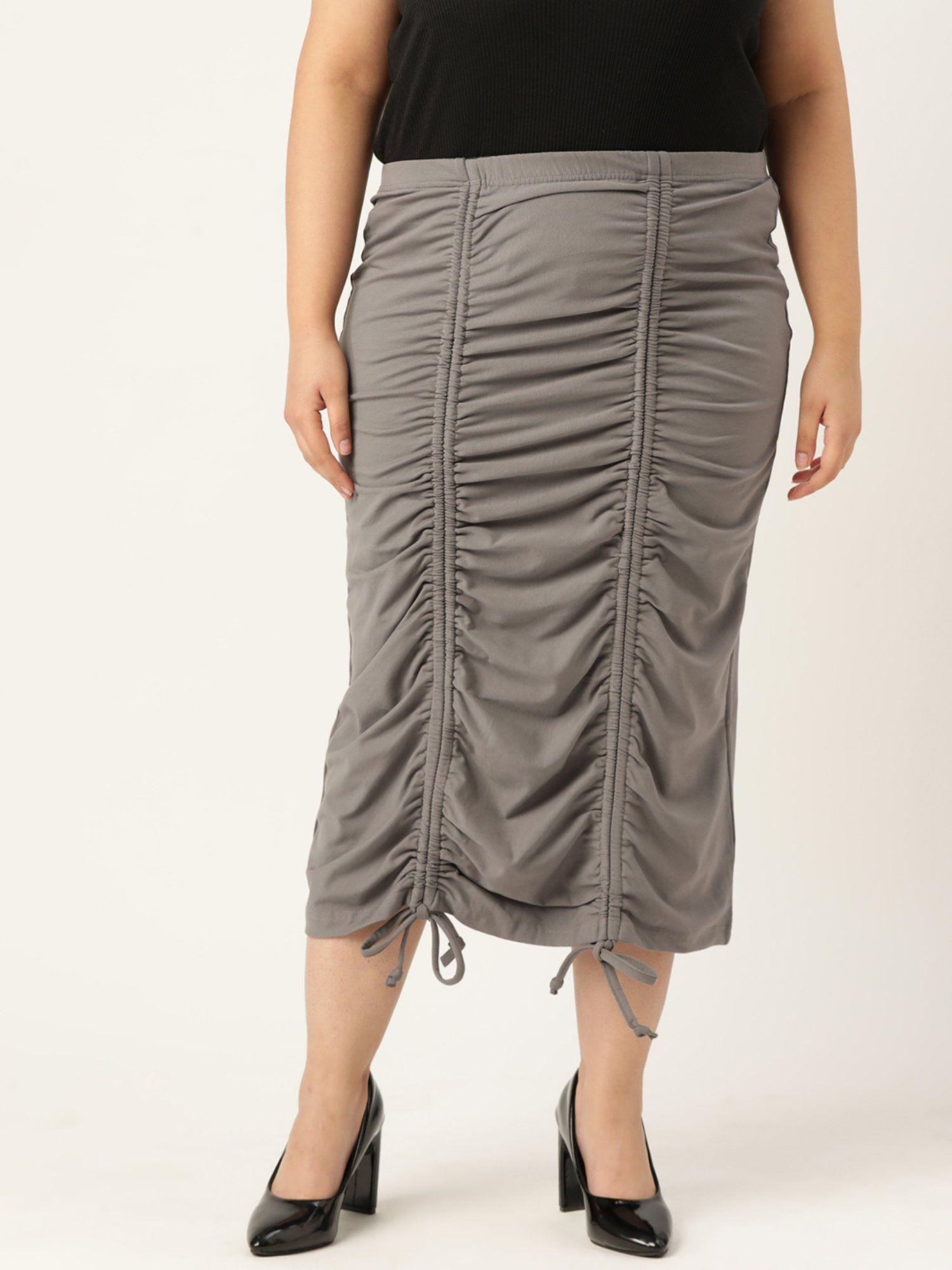 plus size womens grey solid color pleated detail midi skirt