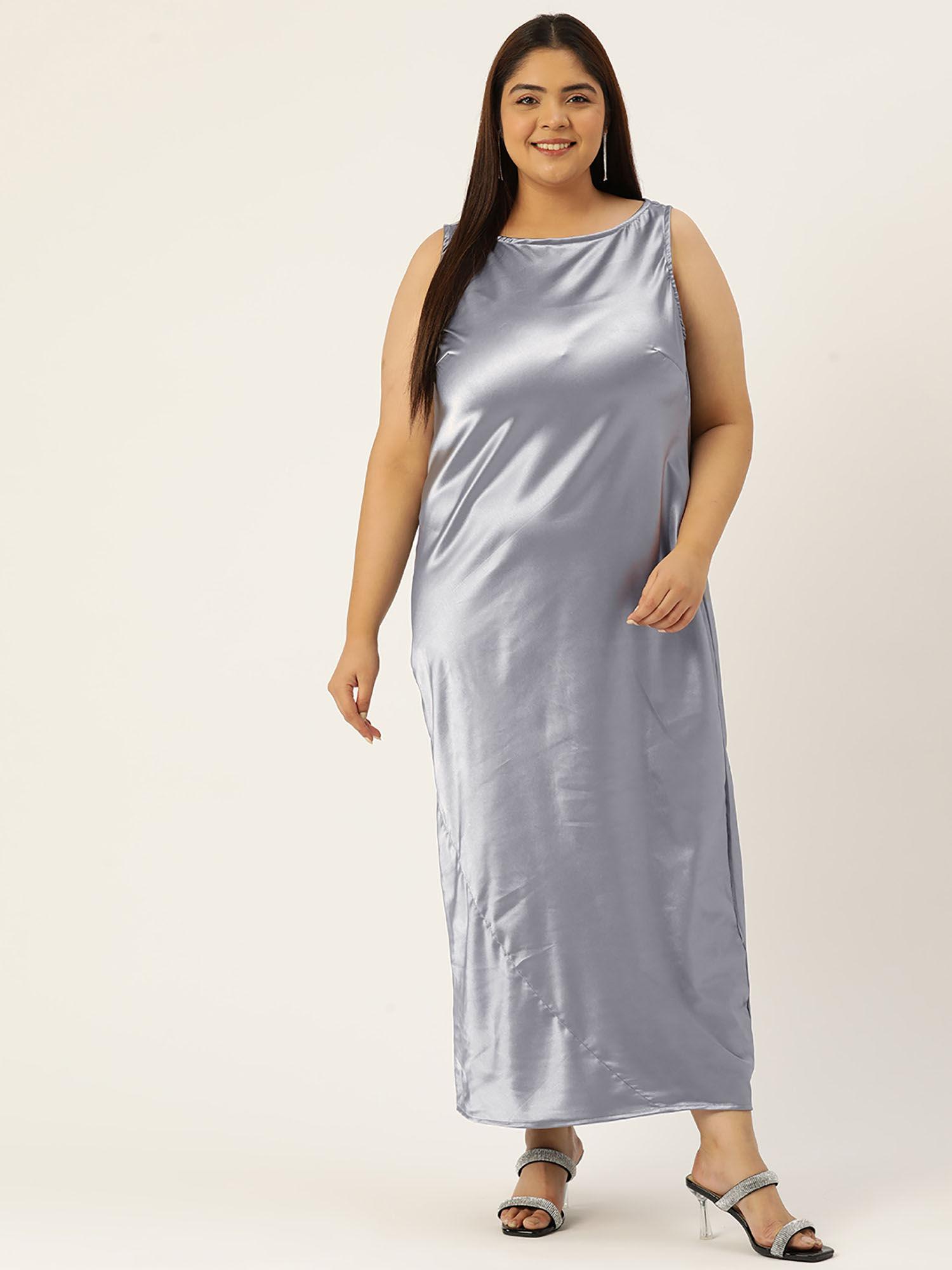 plus size womens grey solid color satin sleeveless maxi dress