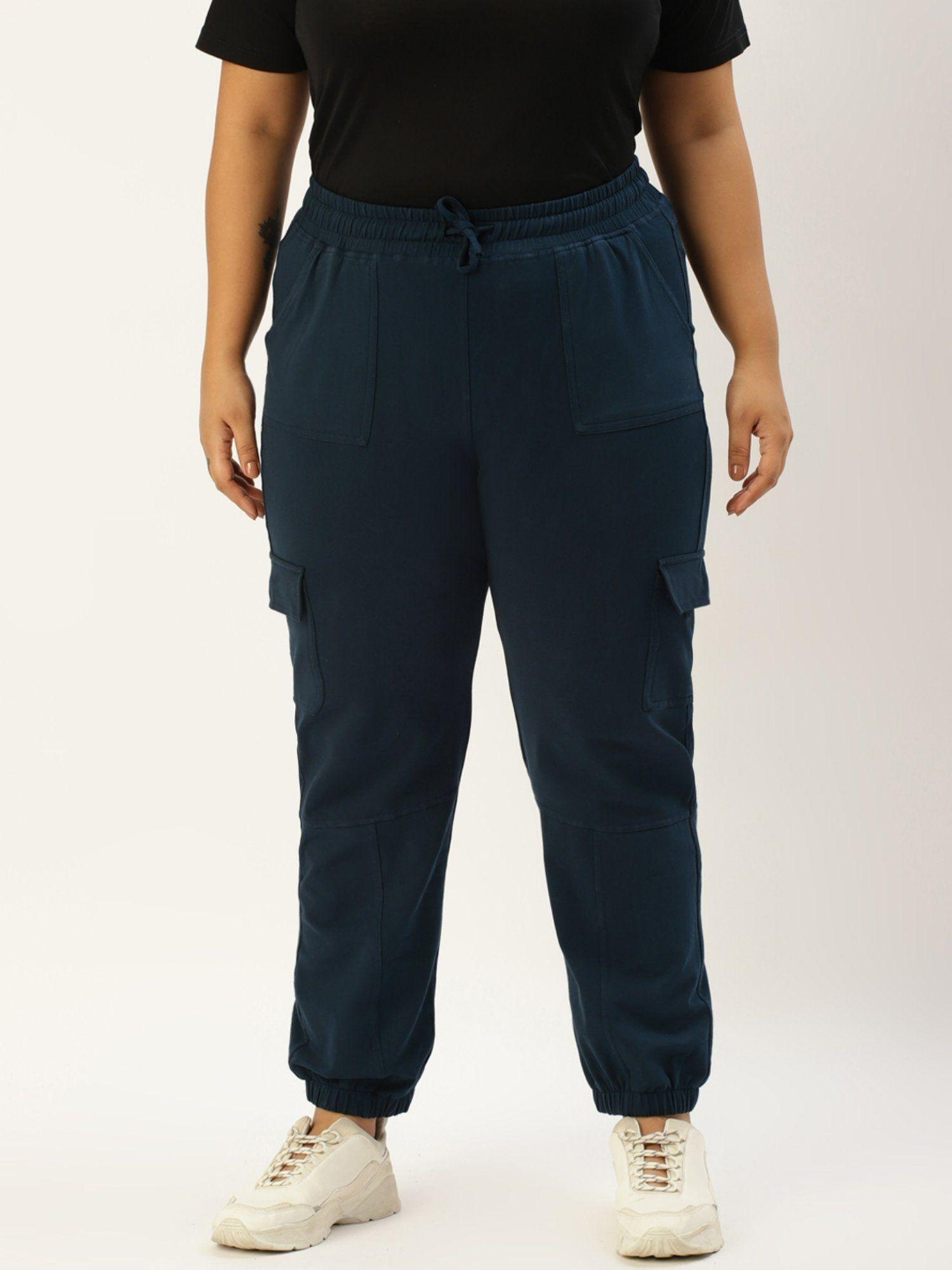 plus size womens ink blue solid color knitted cargo trouser