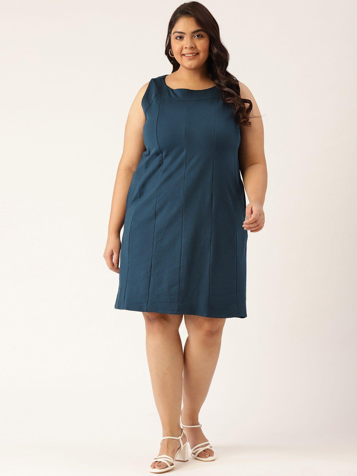 plus size womens ink blue solid color knitted sheath dress