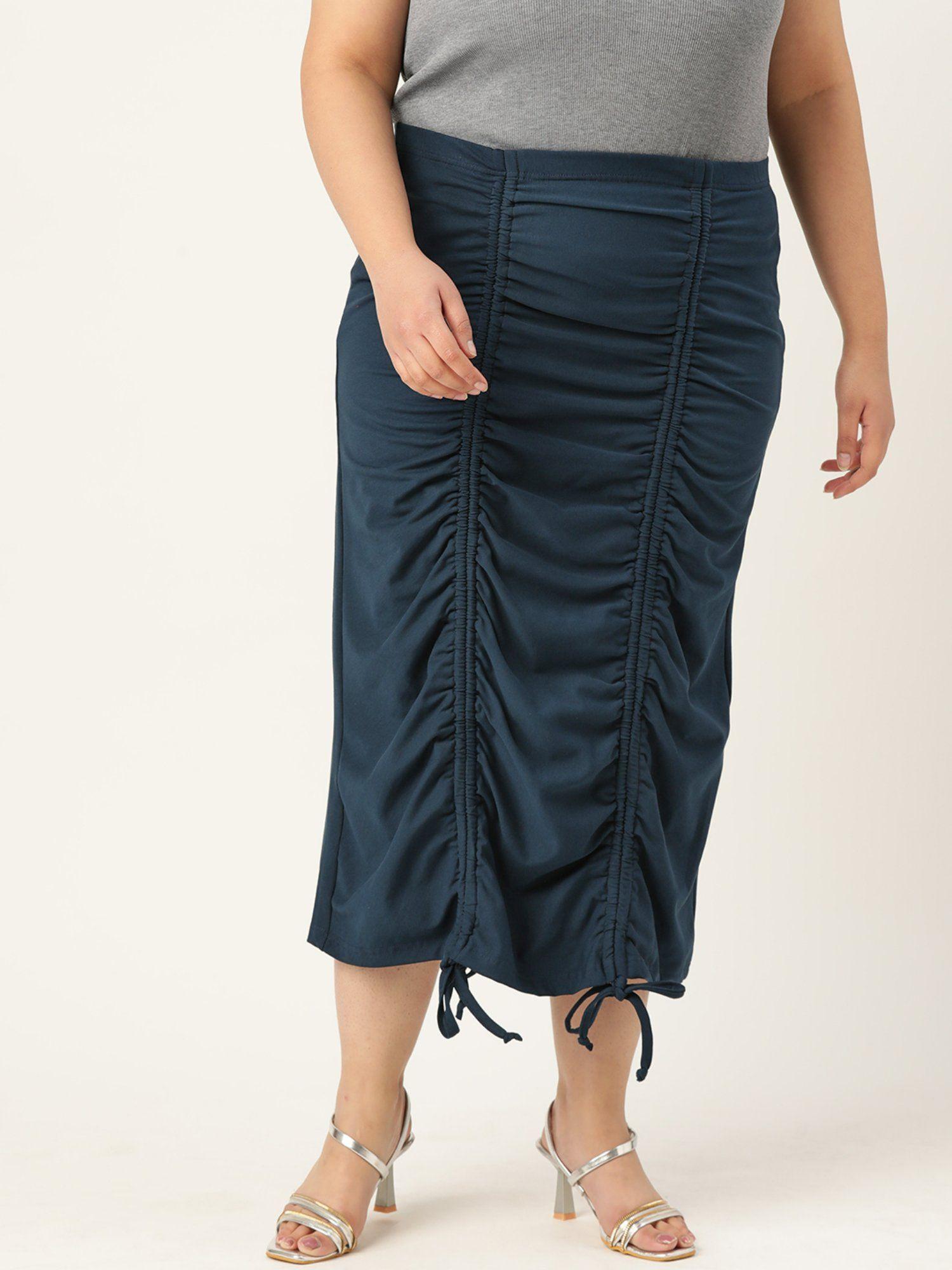 plus size womens inkblue solid color pleated detail midi skirt