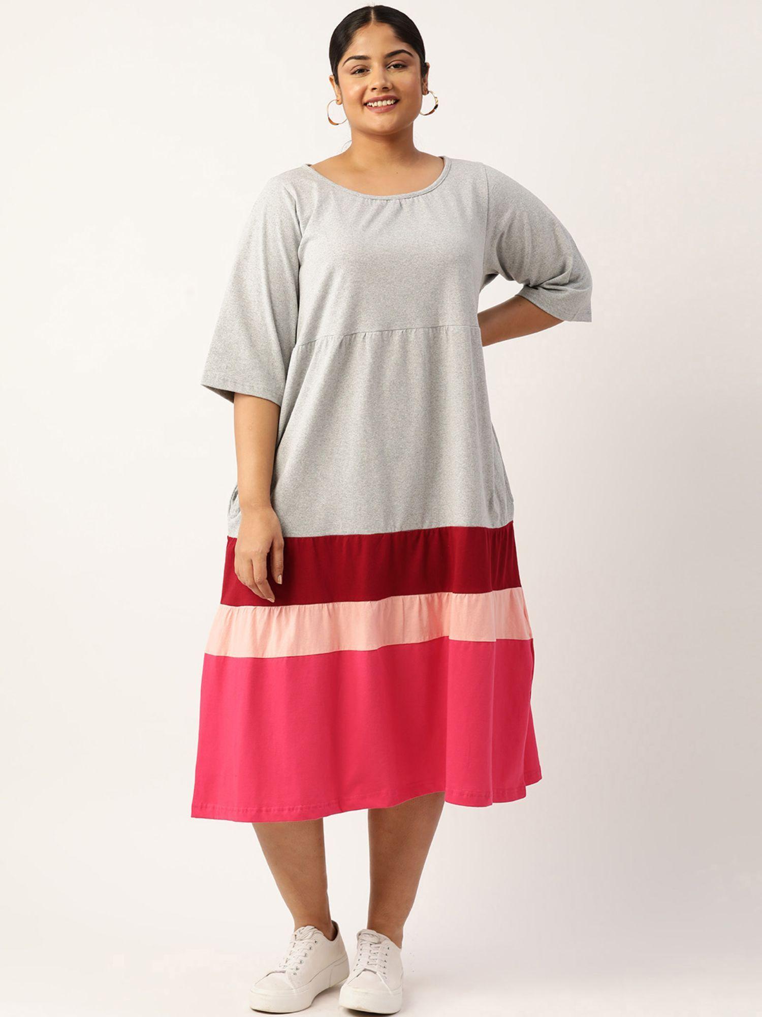 plus size womens light grey colourblocked a line midi cotton dress