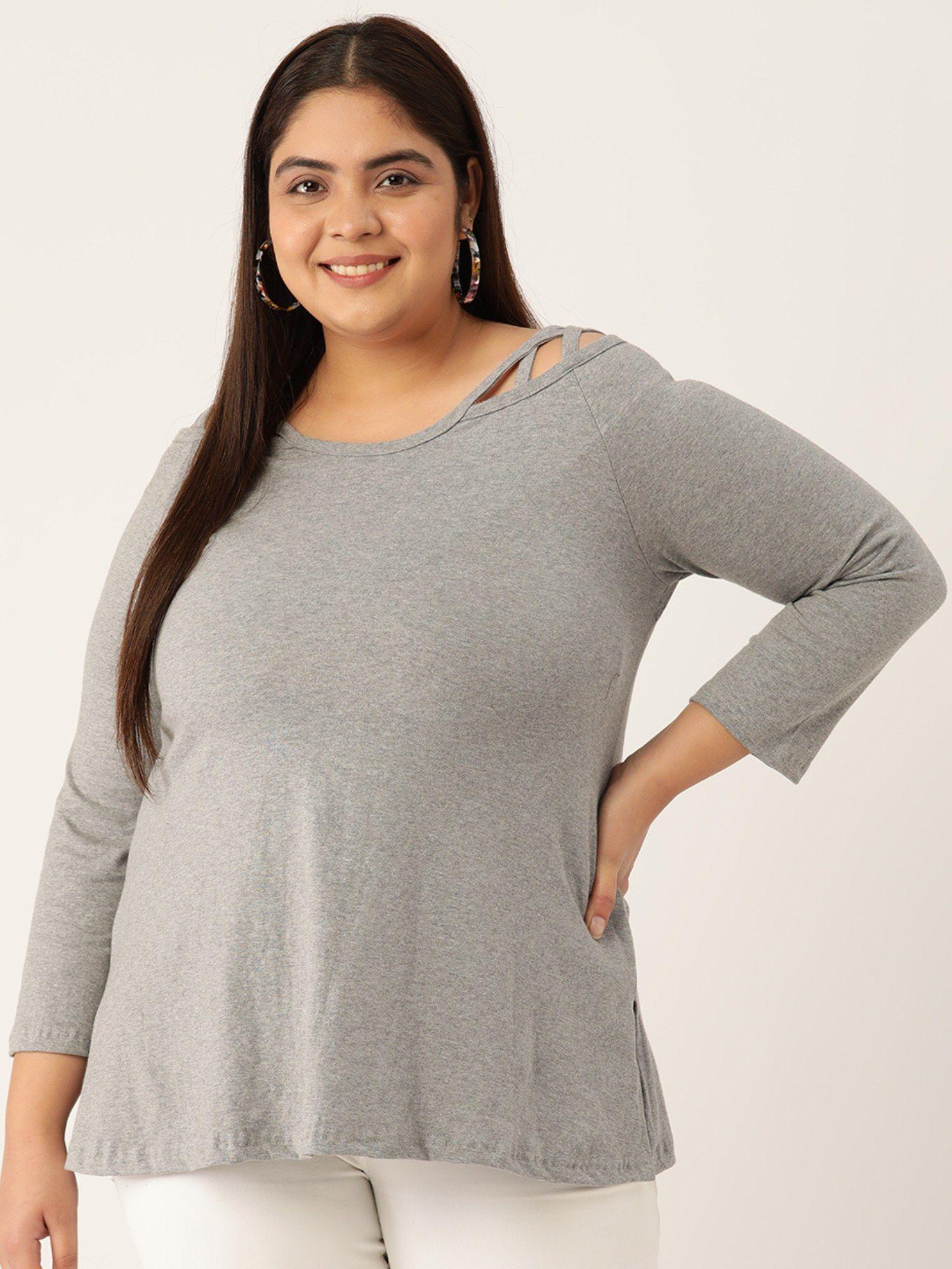 plus size womens light grey solid color cotton knitted top