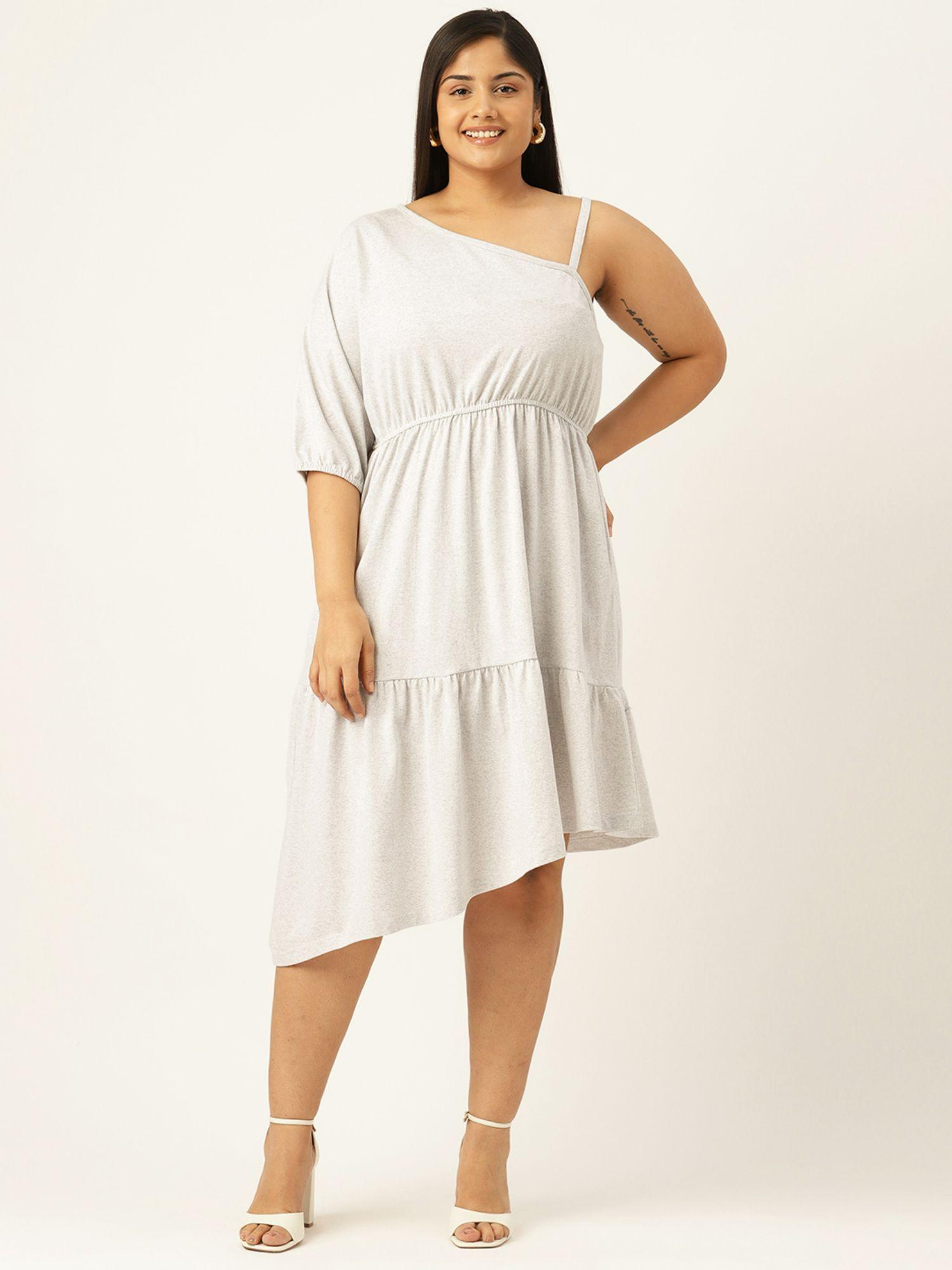 plus size womens light grey solid one shoulder knitted dress