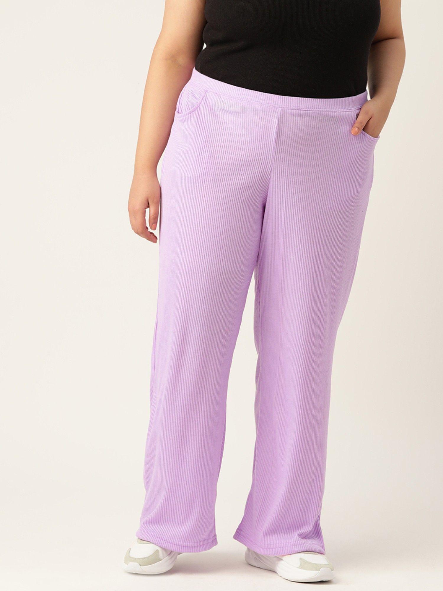 plus size womens lilac solid color cotton ribbed trouser