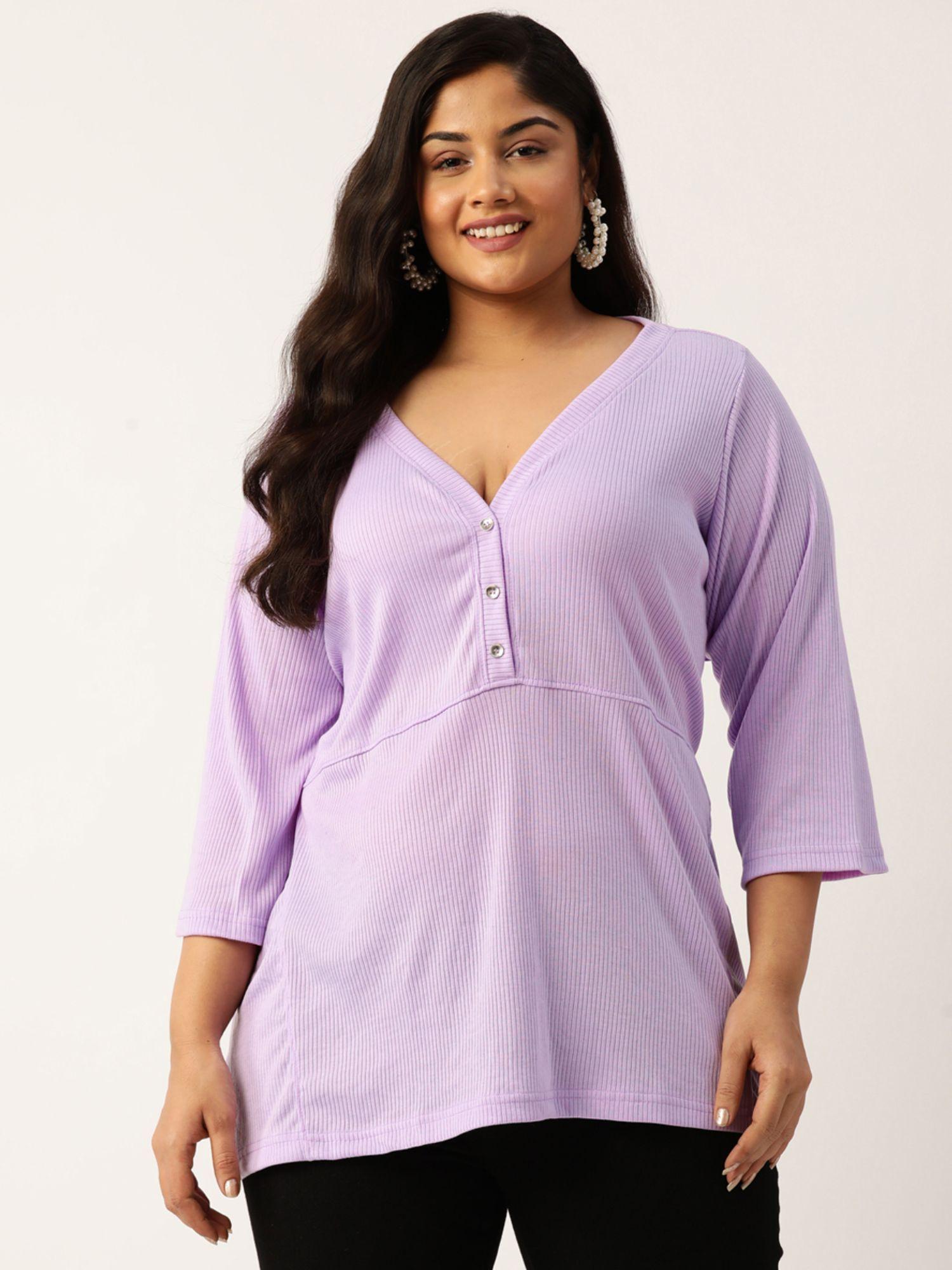 plus size womens lilac textured color cotton knitted ribbed top