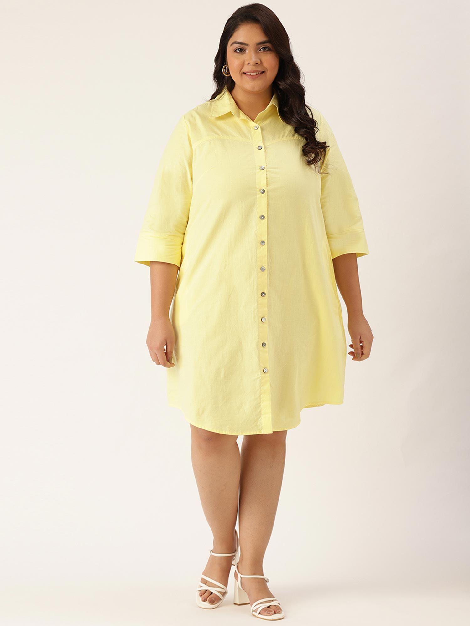 plus size womens lime yellow solid color cotton shirt dress