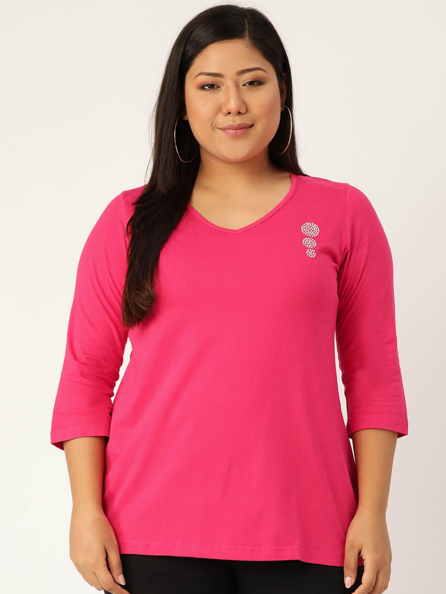 plus size womens magenta solid v-neck 3/4th sleeve t-shirt