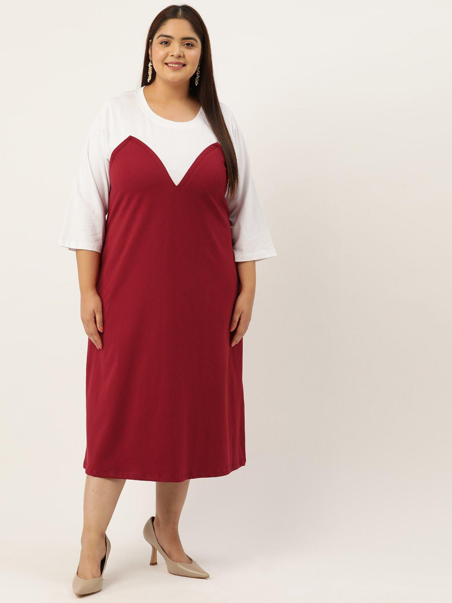 plus size womens maroon & white color block cotton midi dress