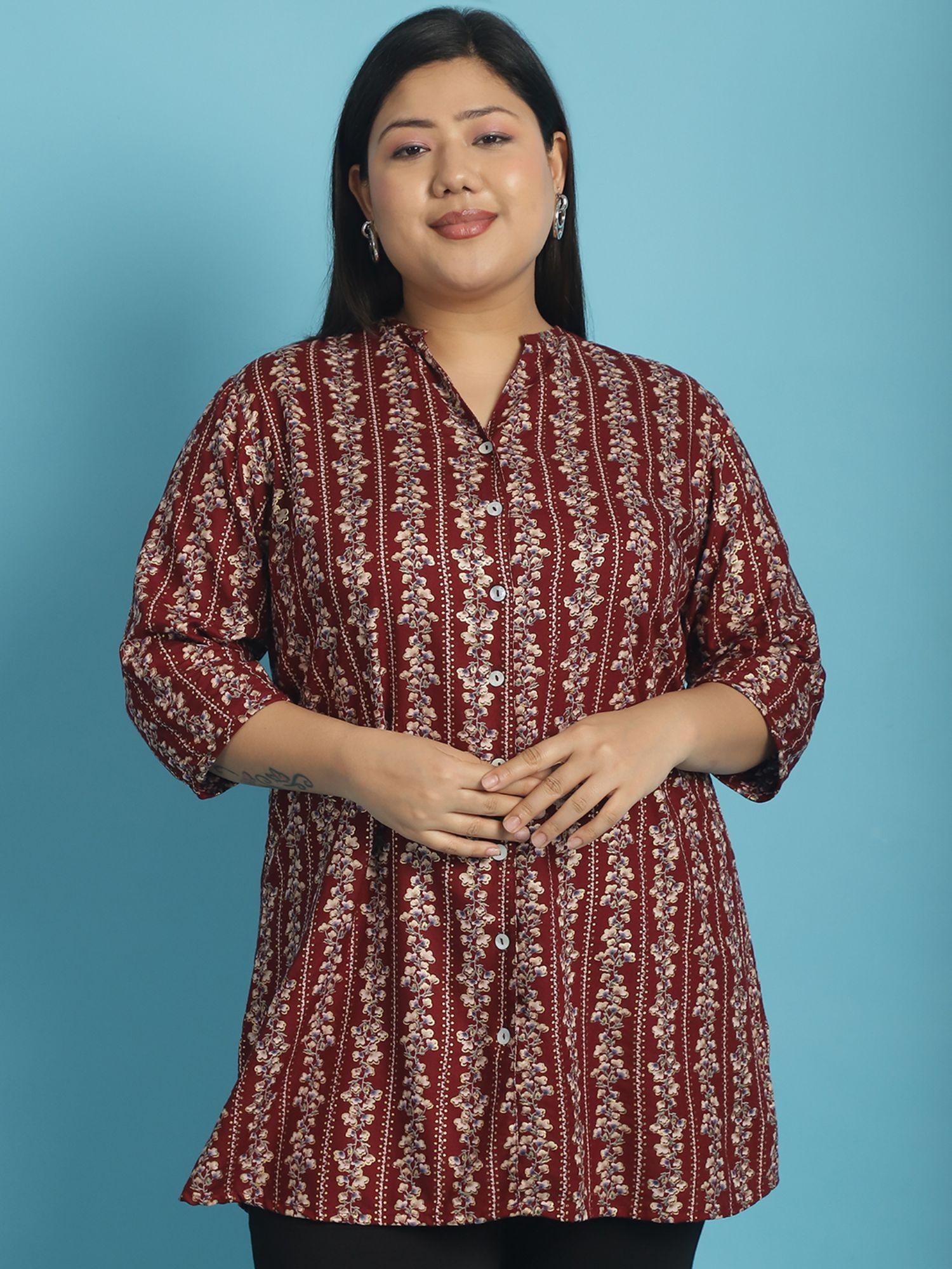 plus size womens maroon floral printed tunic