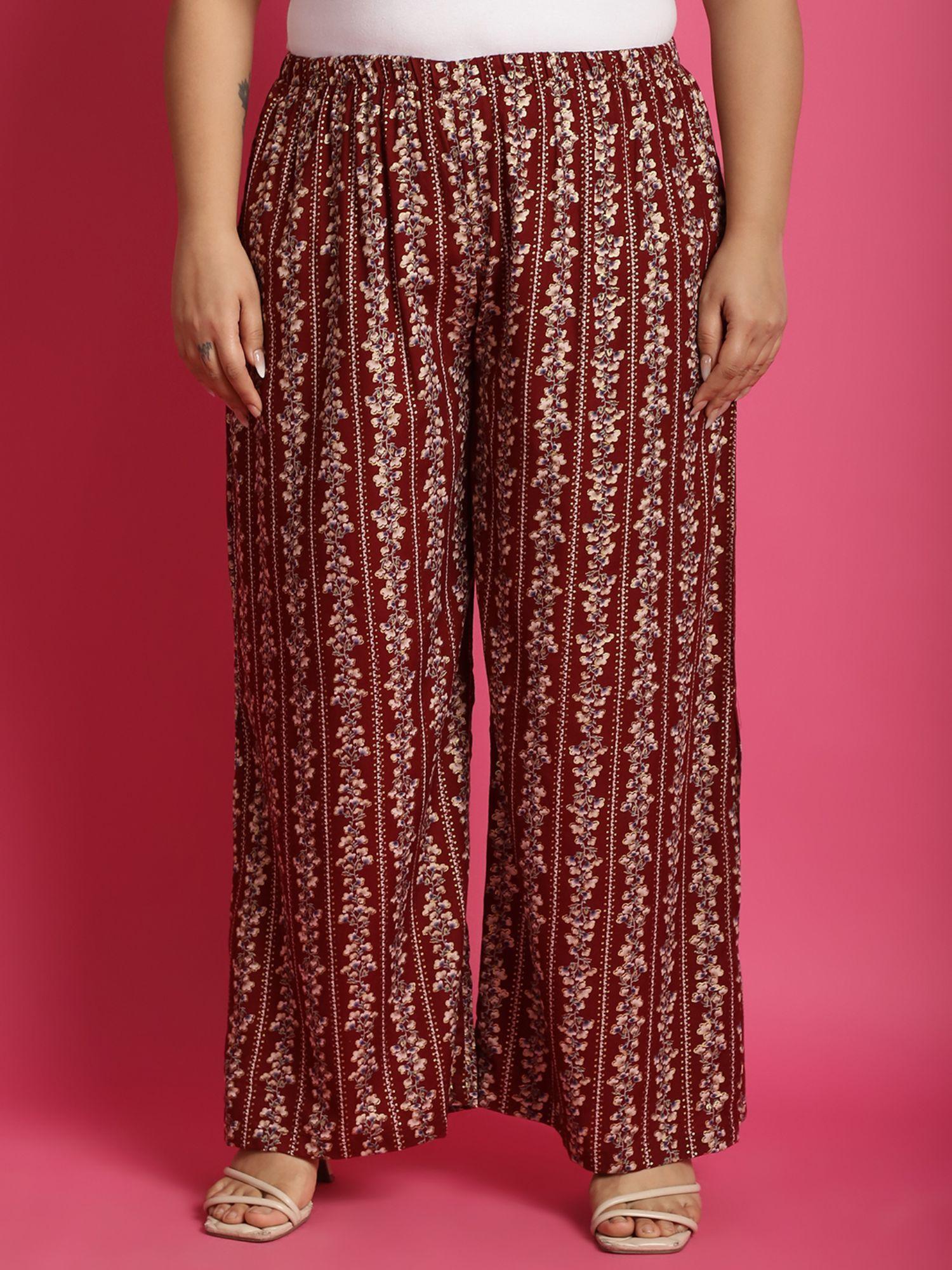 plus size womens maroon floral printed wide leg palazzos