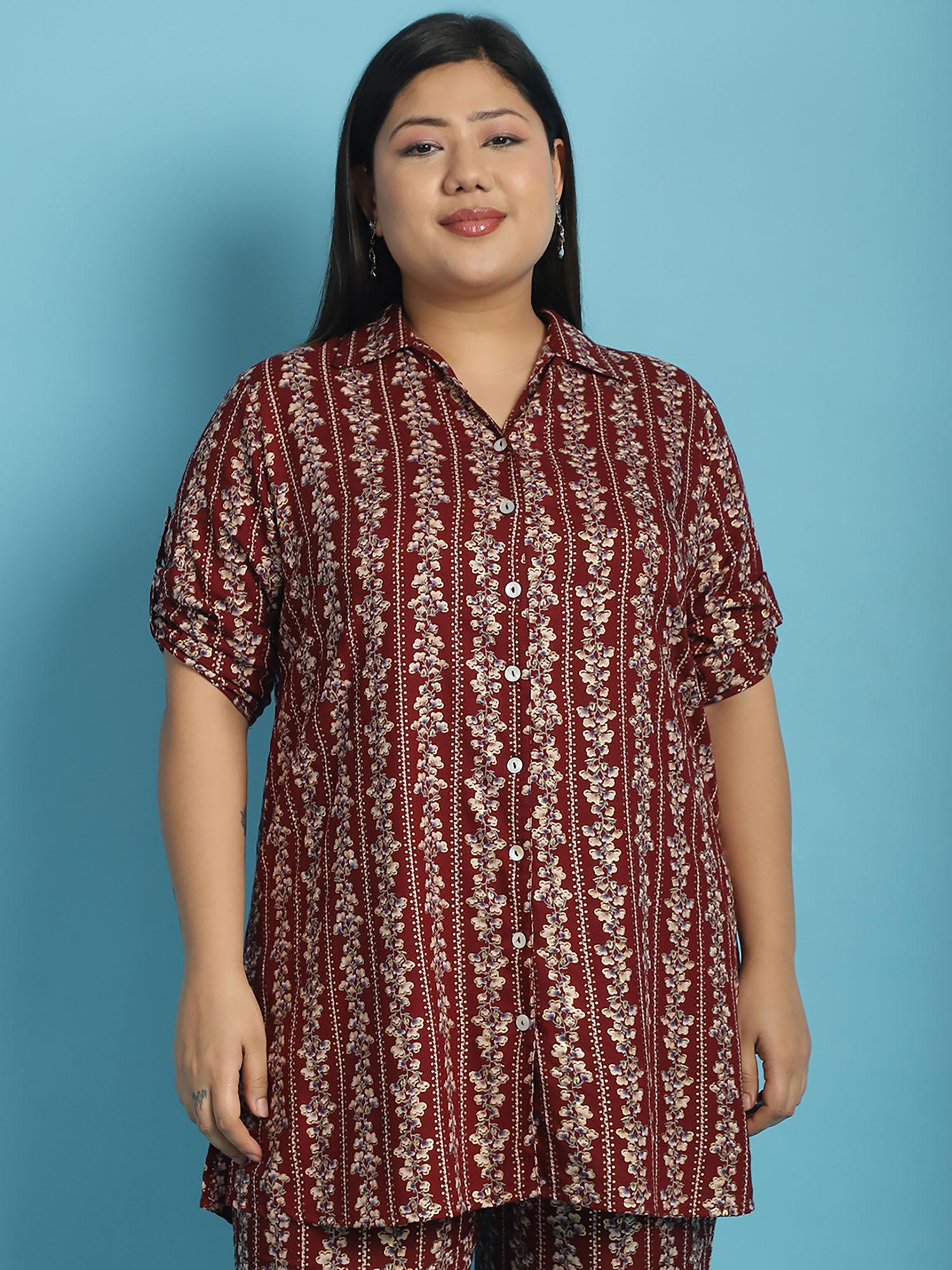 plus size womens maroon gold floral printed casual shirt