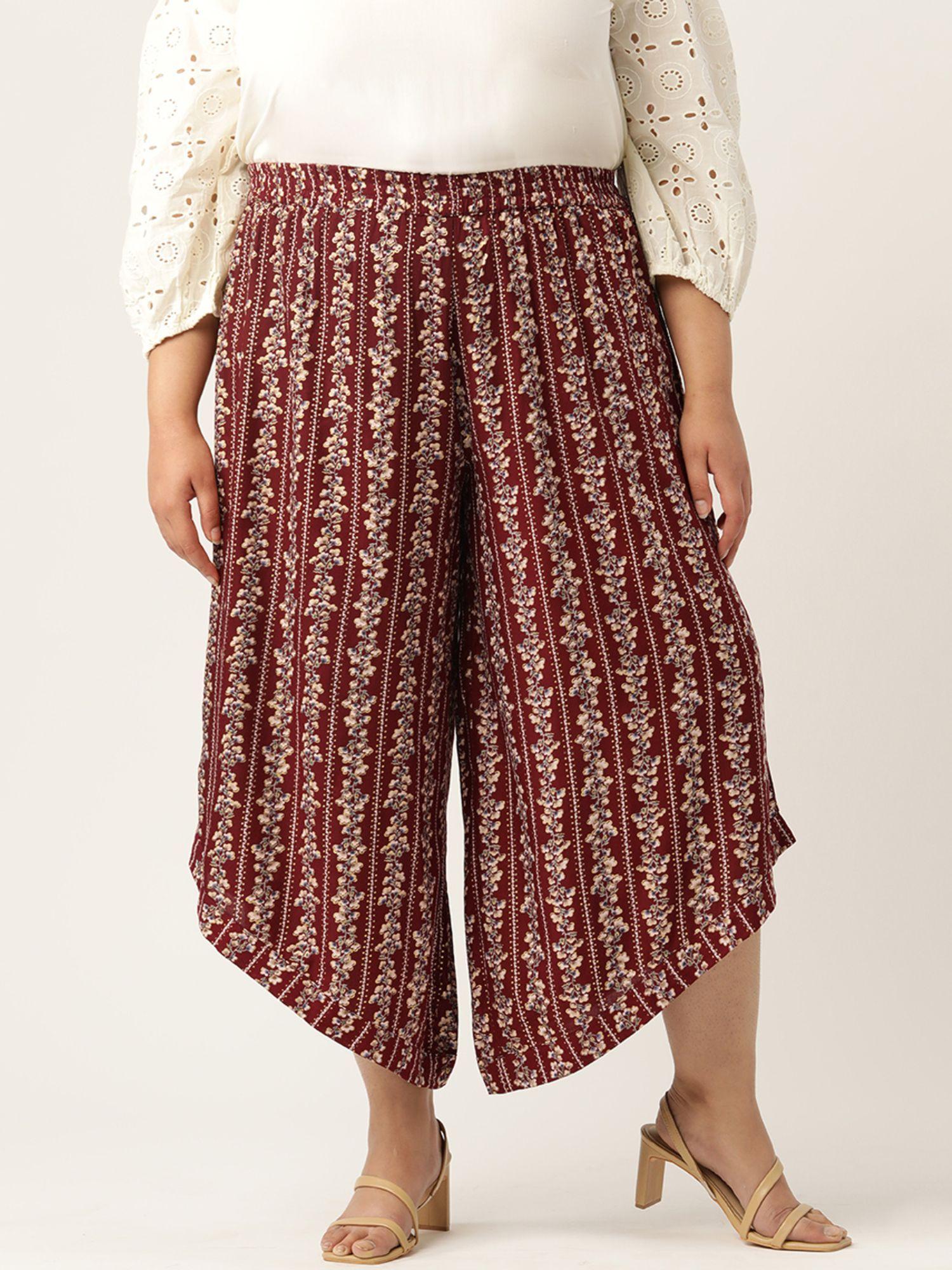 plus size womens maroon gold foil printed high-rise relaxed culottes