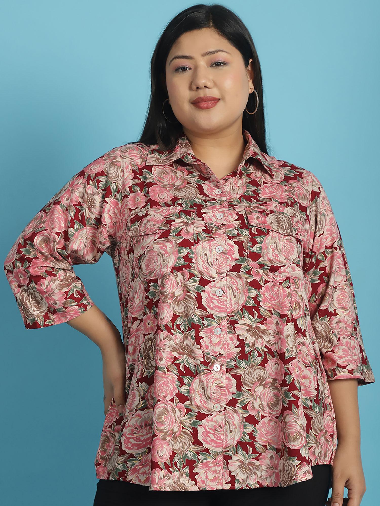 plus size womens maroon rose floral abstract printed casual shirt