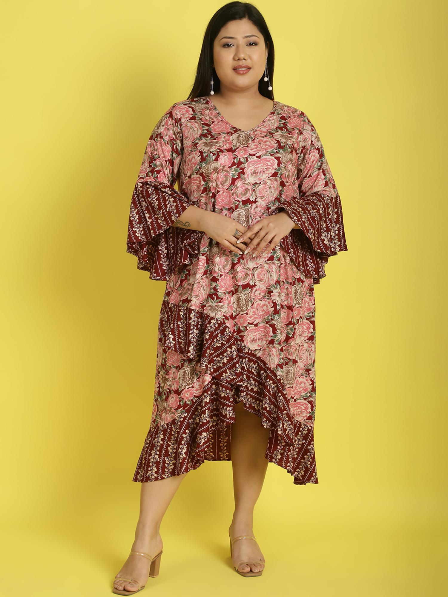 plus size womens maroon rose floral printed a-line midi dress