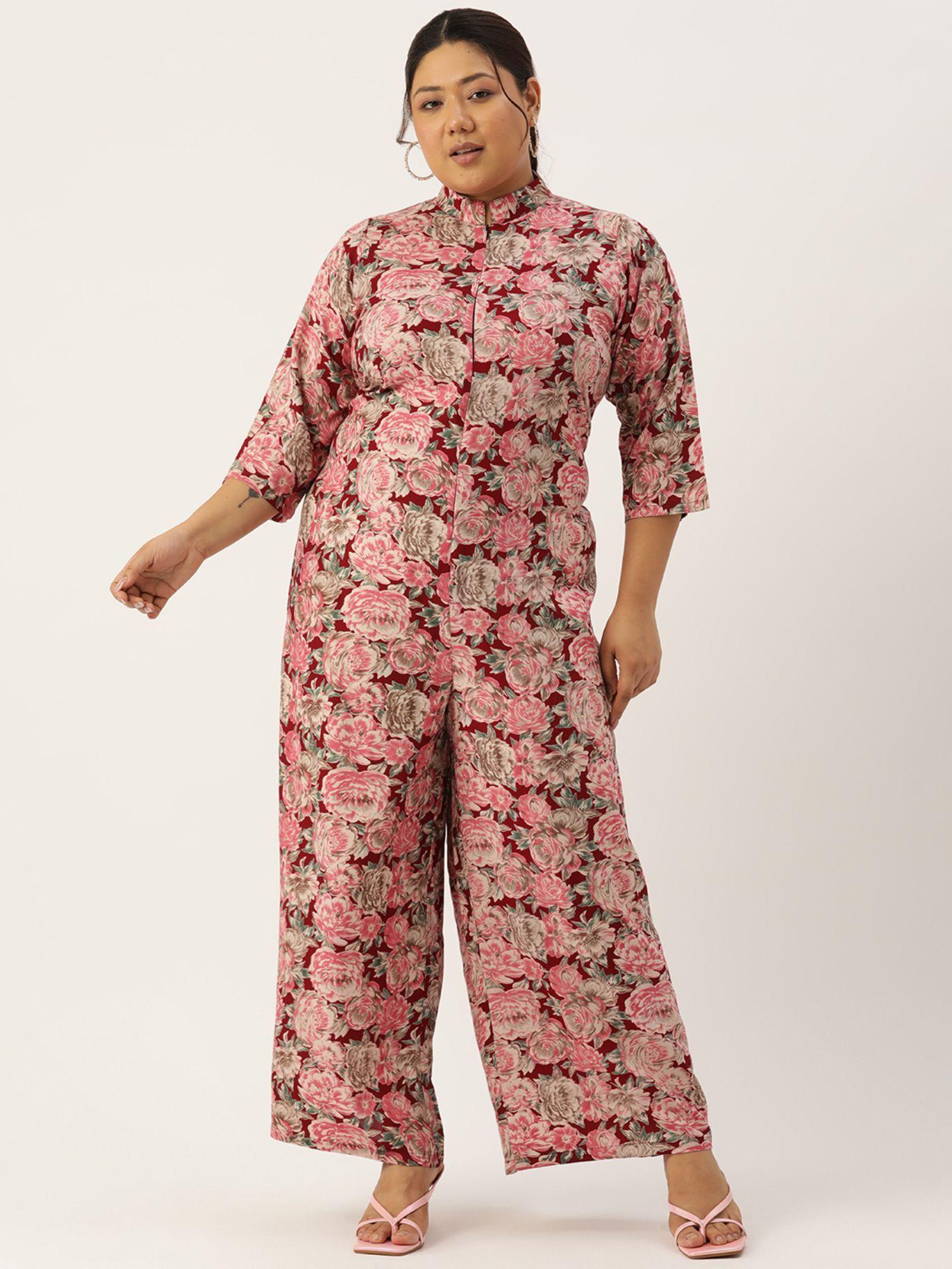 plus size womens maroon rose floral printed mandarin collar jumpsuit