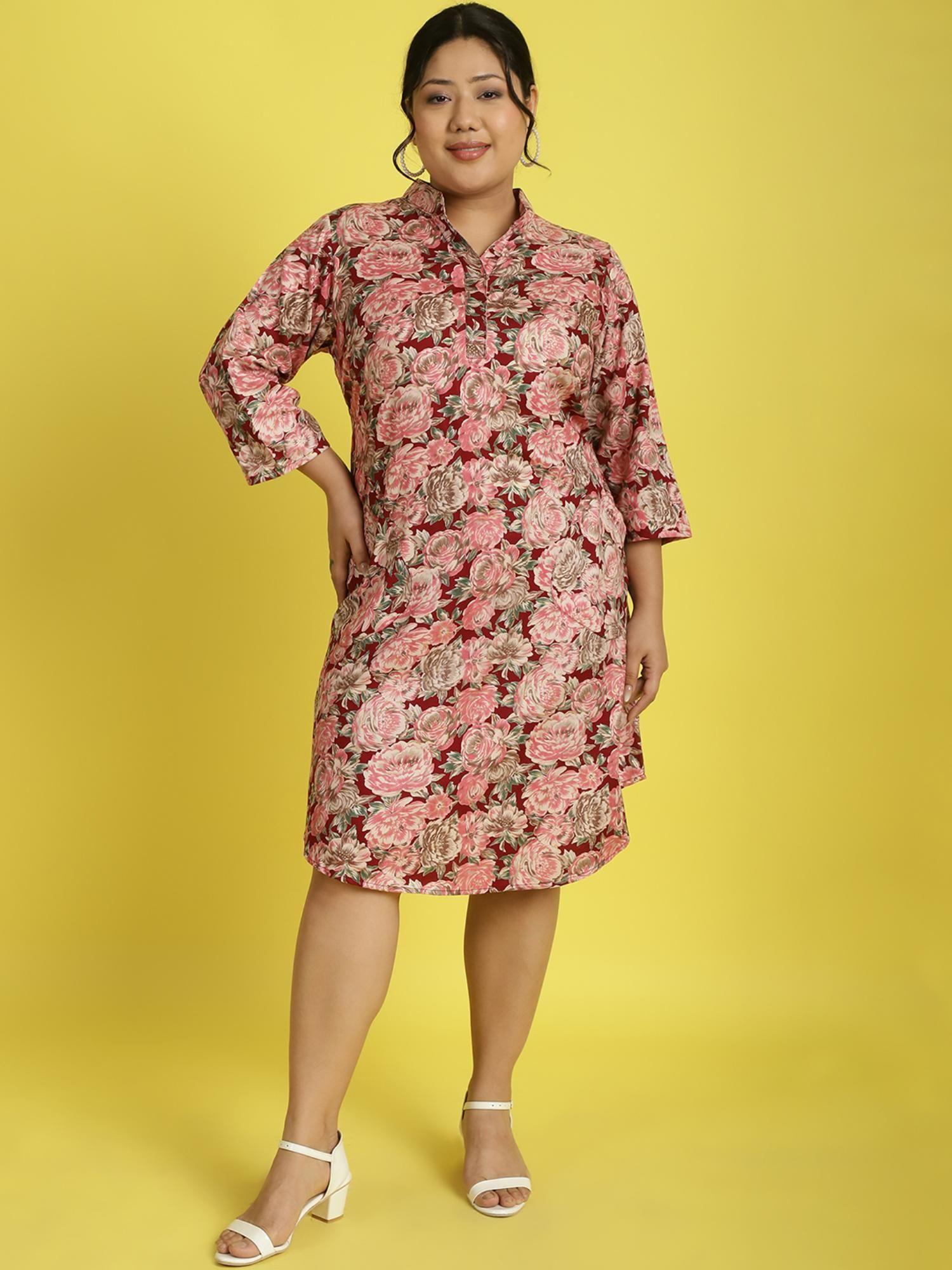 plus size womens maroon rose floral printed shirt knee length dress