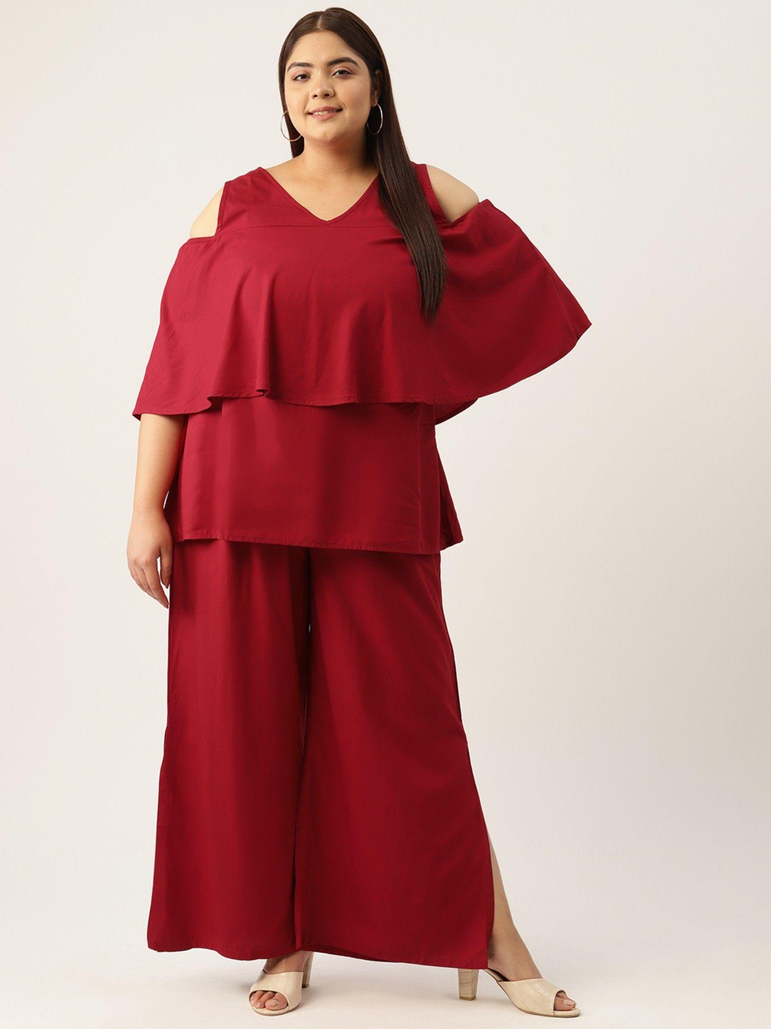 plus size womens maroon solid cold shoulder top with palazzo (set of 2)