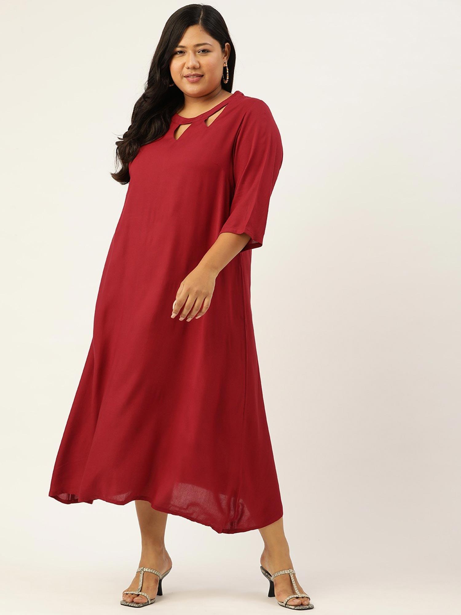 plus size womens maroon solid color a-line midi dress