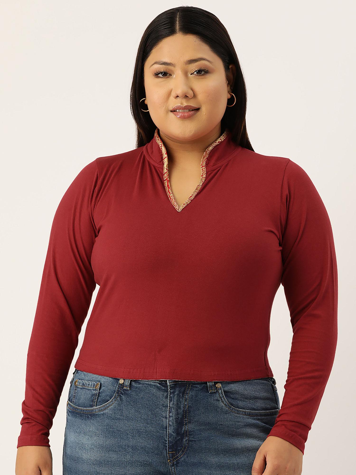 plus size womens maroon solid color cotton knitted top