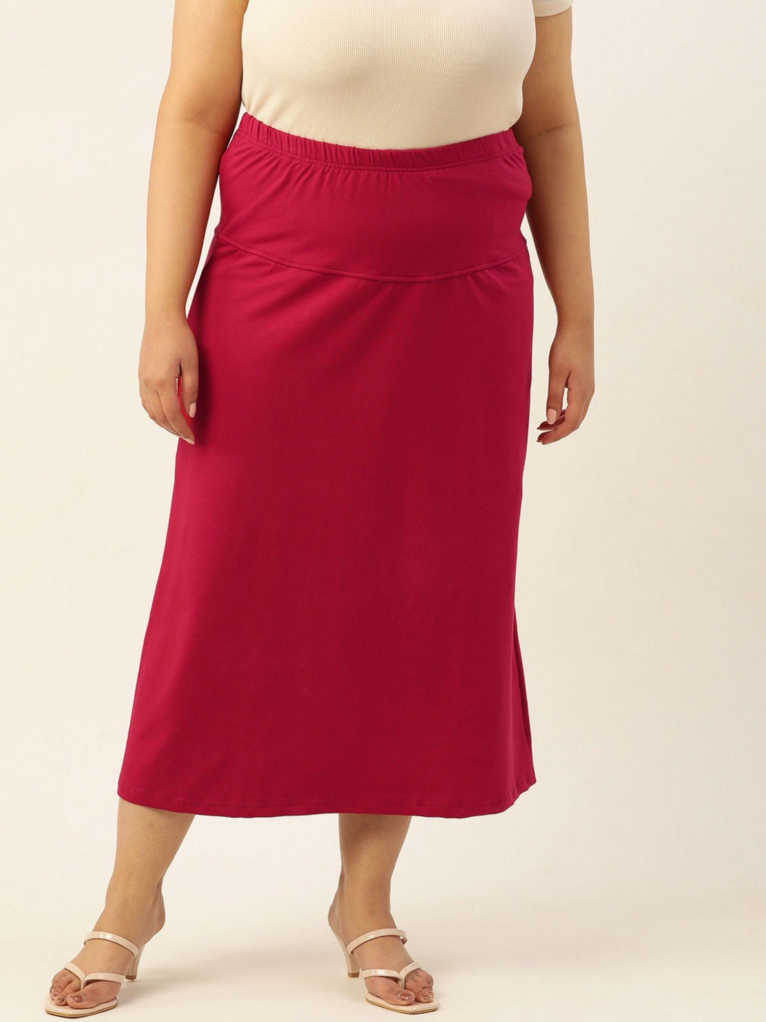 plus size womens maroon solid color elastic waist midi skirt