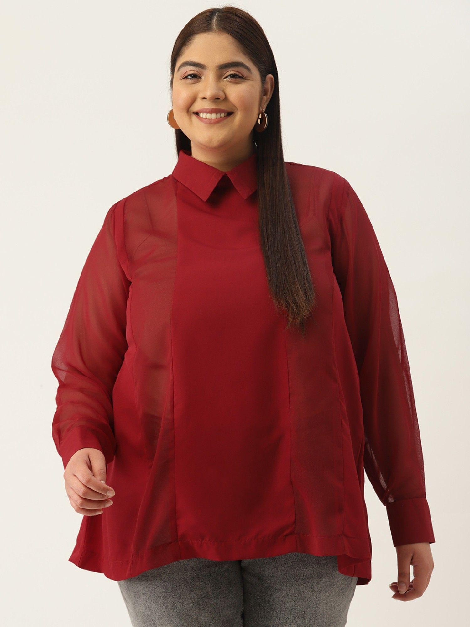 plus size womens maroon solid color georgette shirt collar longline top