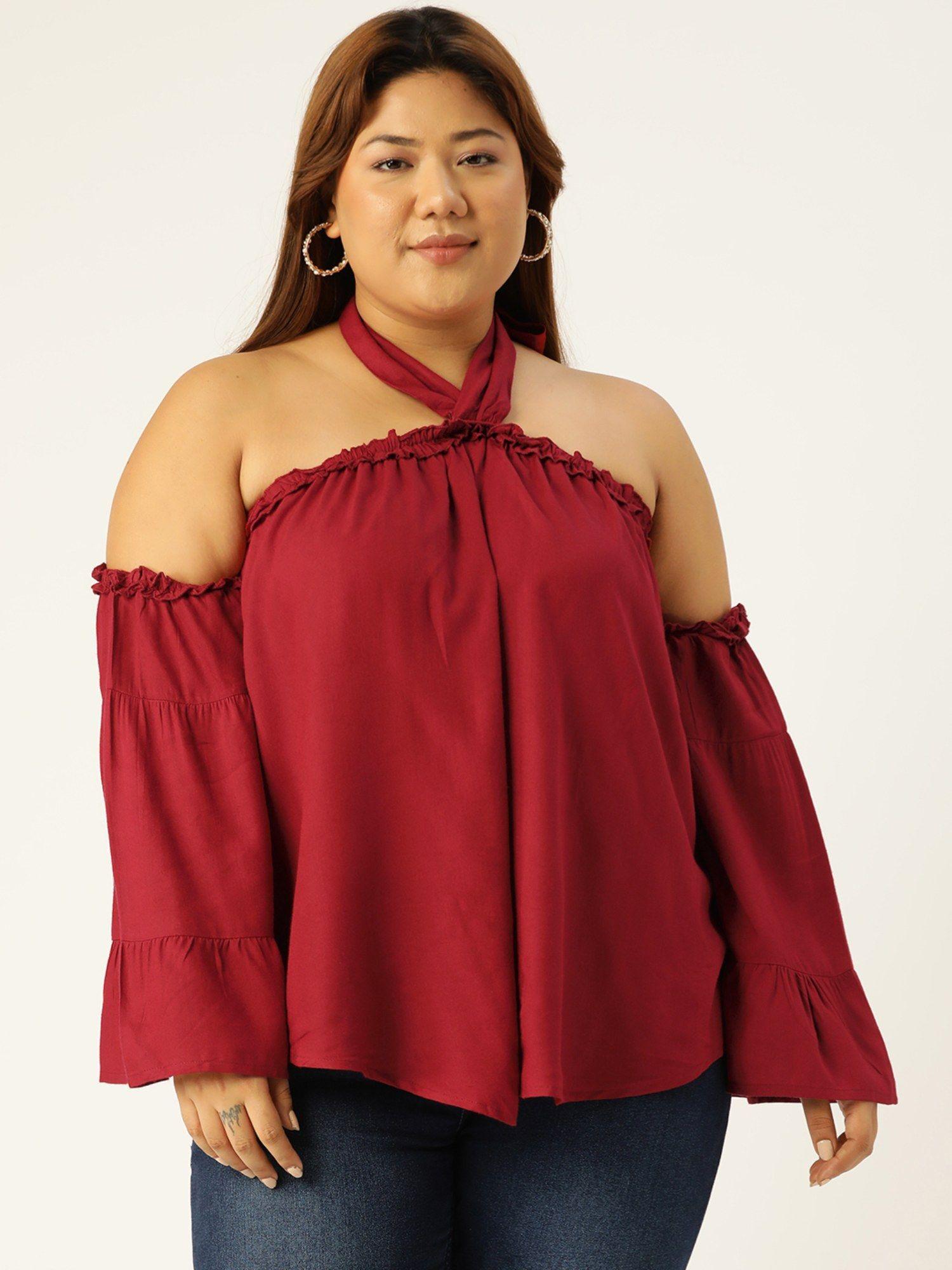 plus size womens maroon solid color halter neck woven top