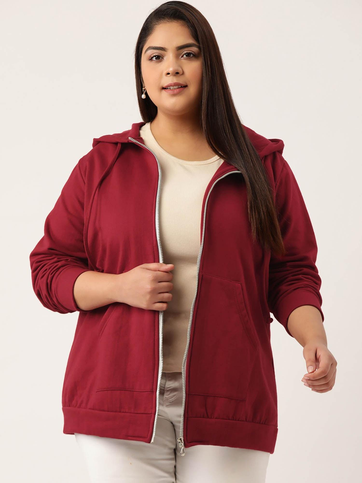 plus size womens maroon solid color hooded fleece jacket