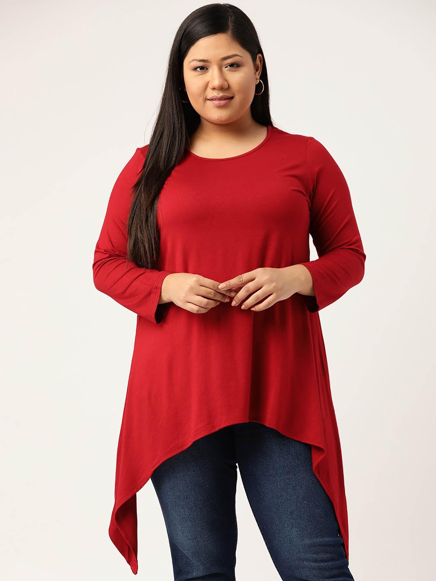 plus size womens maroon solid color knitted asymmetrical top