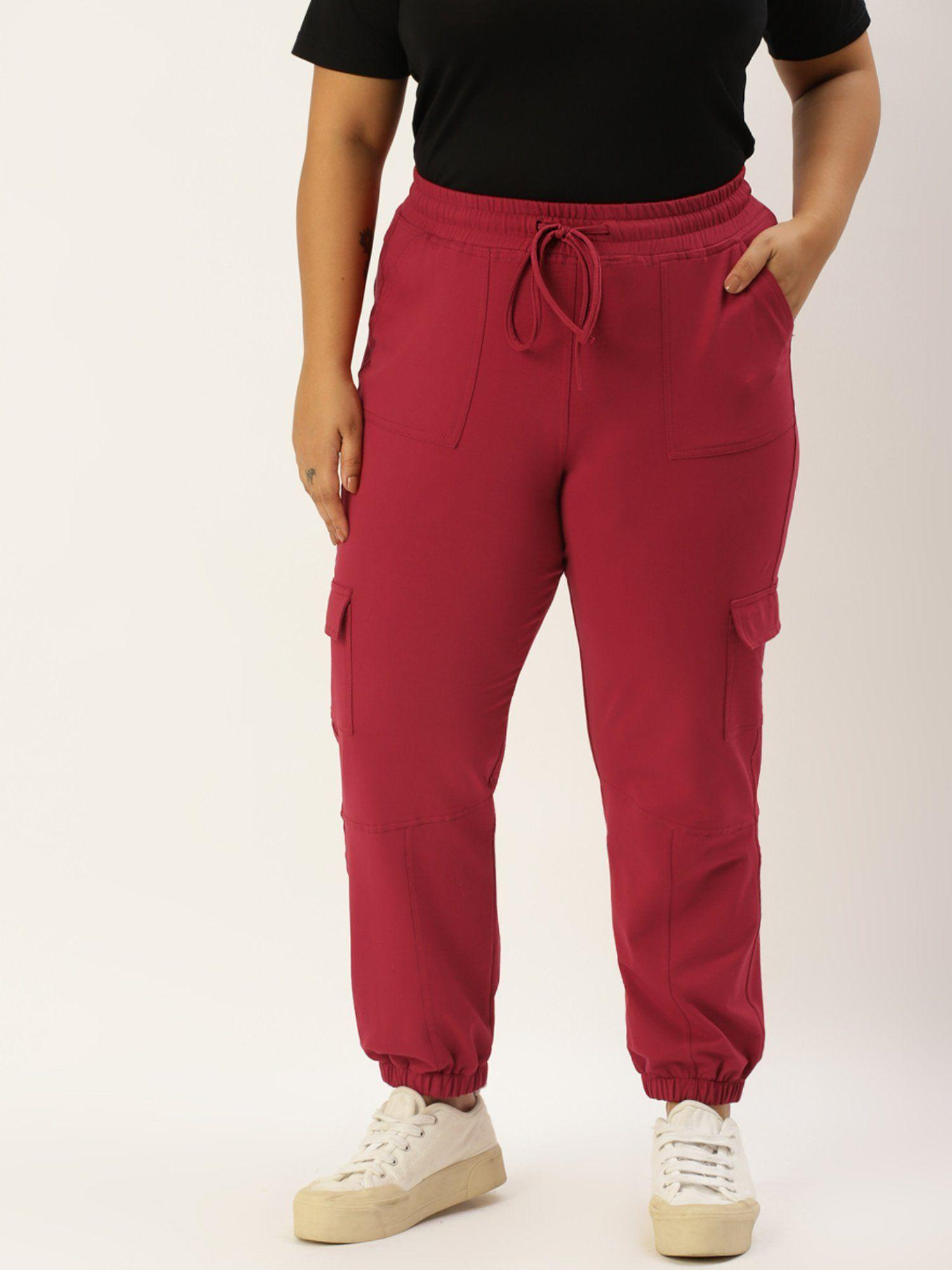 plus size womens maroon solid color knitted cargo trouser