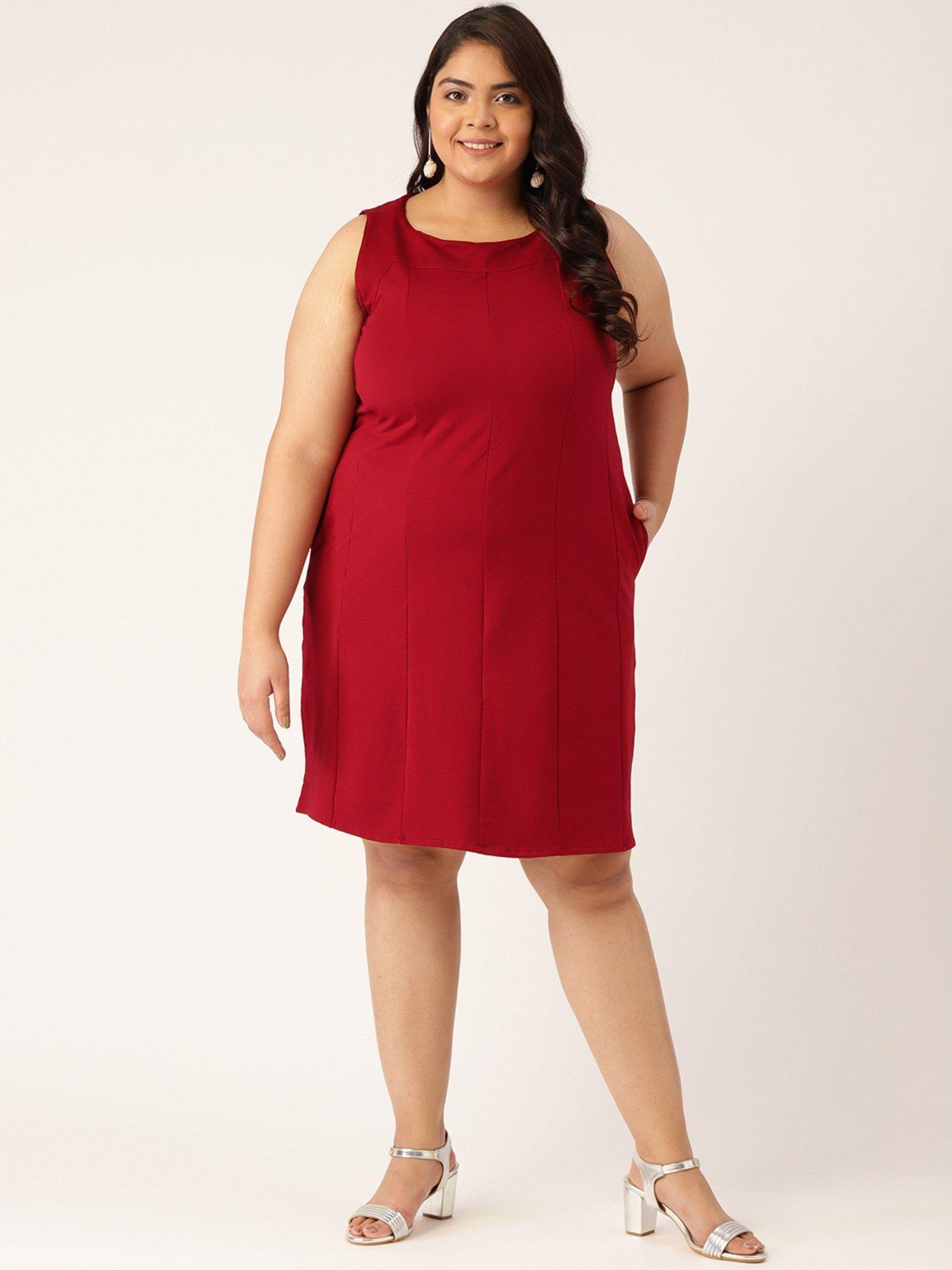 plus size womens maroon solid color knitted sheath dress