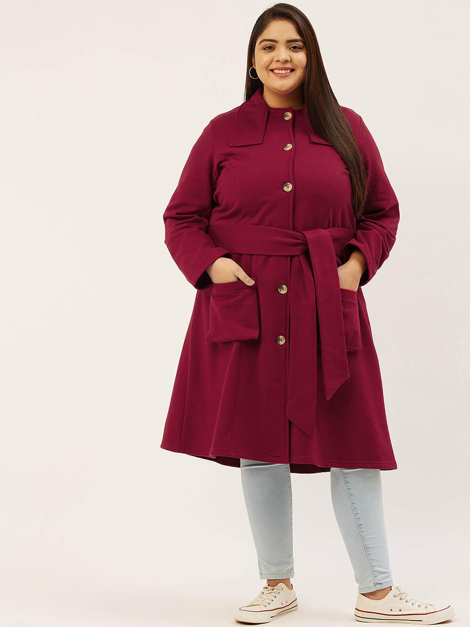 plus size womens maroon solid color longline coat (set of 2)