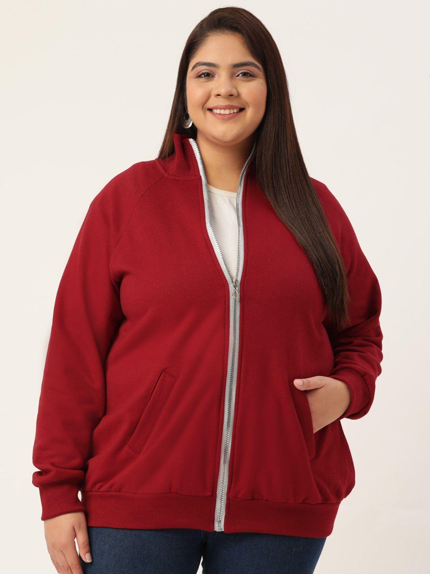 plus size womens maroon solid color longline sporty winter jacket