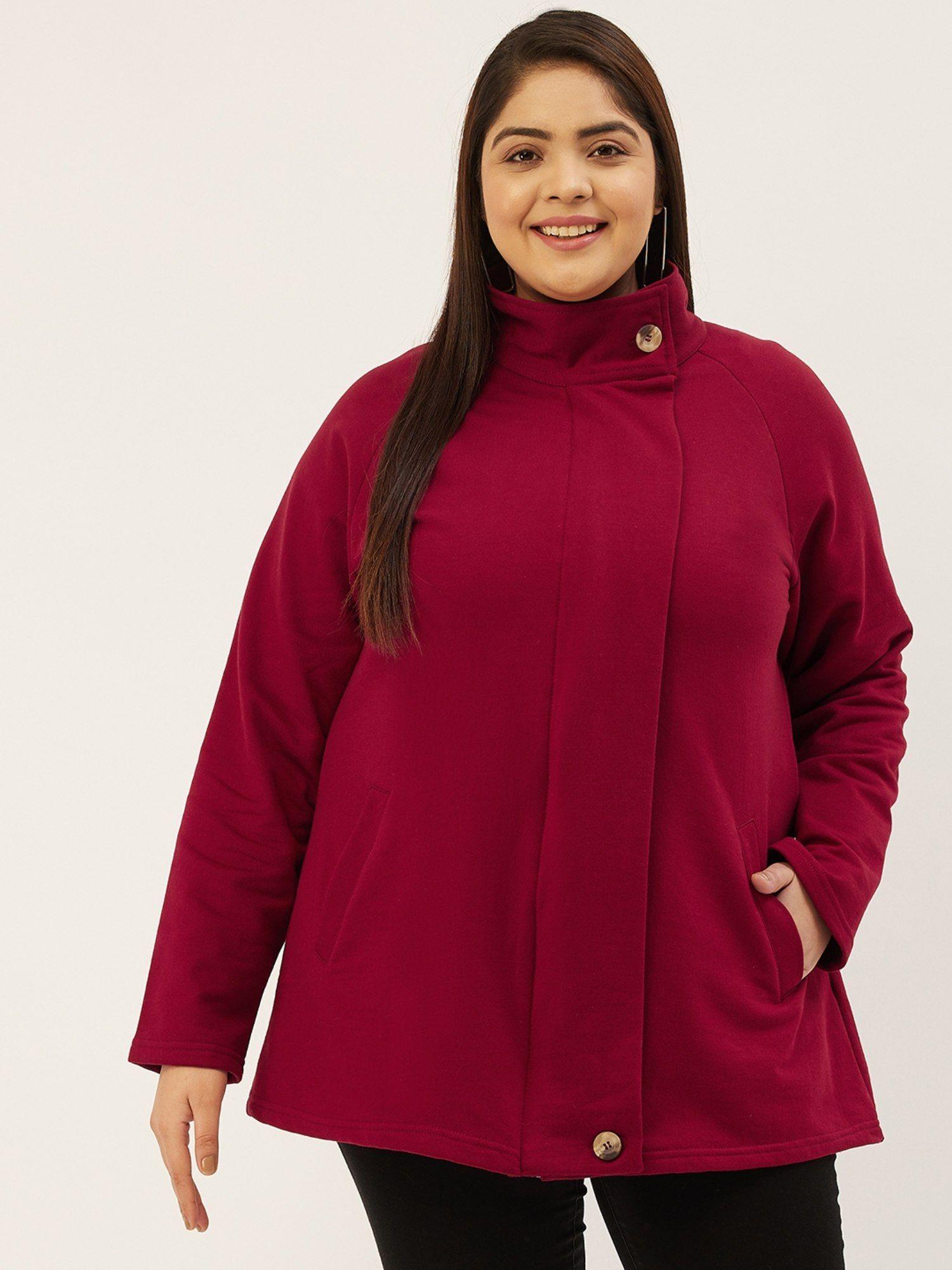 plus size womens maroon solid color longline tailored winter jacket