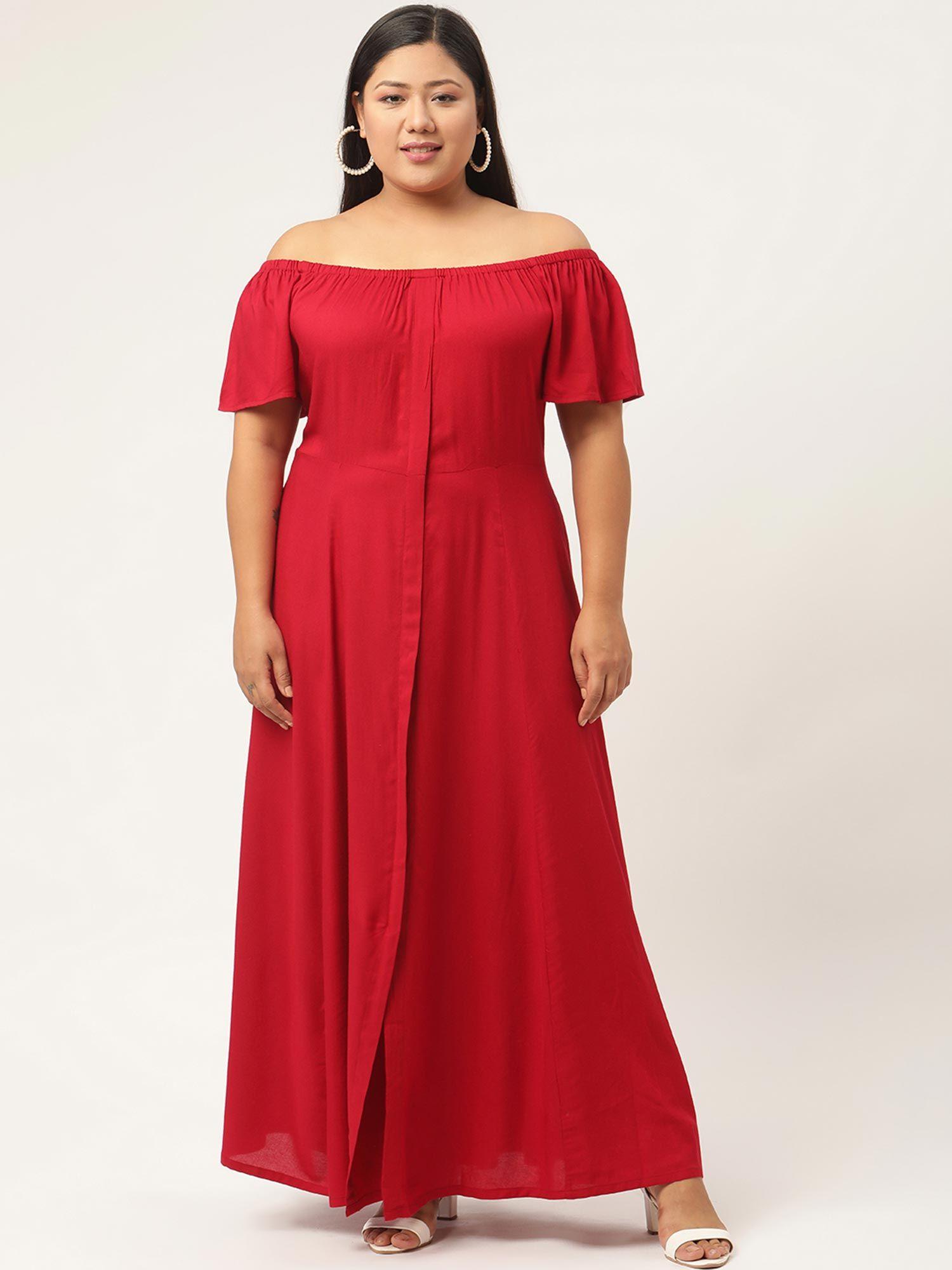 plus size womens maroon solid color off-shoulder maxi dress