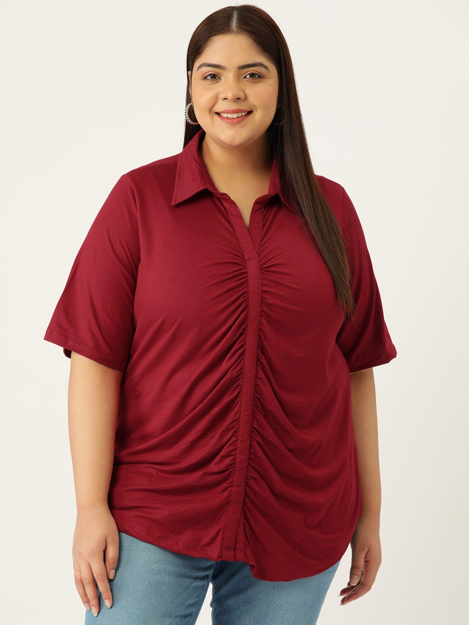 plus size womens maroon solid color shirt style knitted top