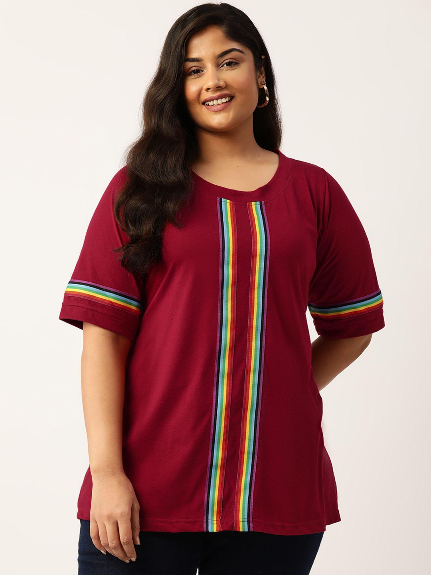 plus size womens maroon solid color with striped detail cotton t shirt