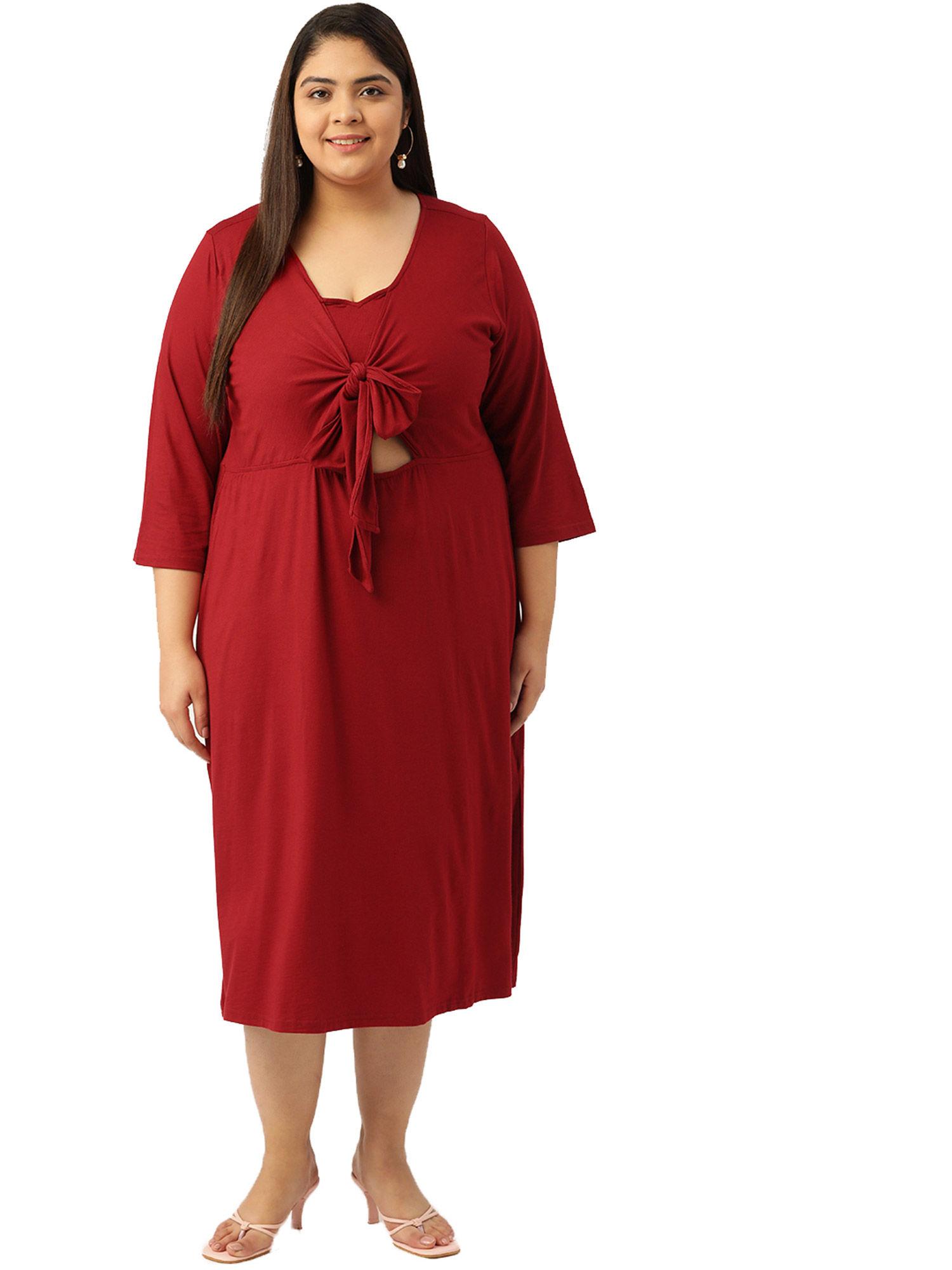 plus size womens maroon solid colour a-line midi dress