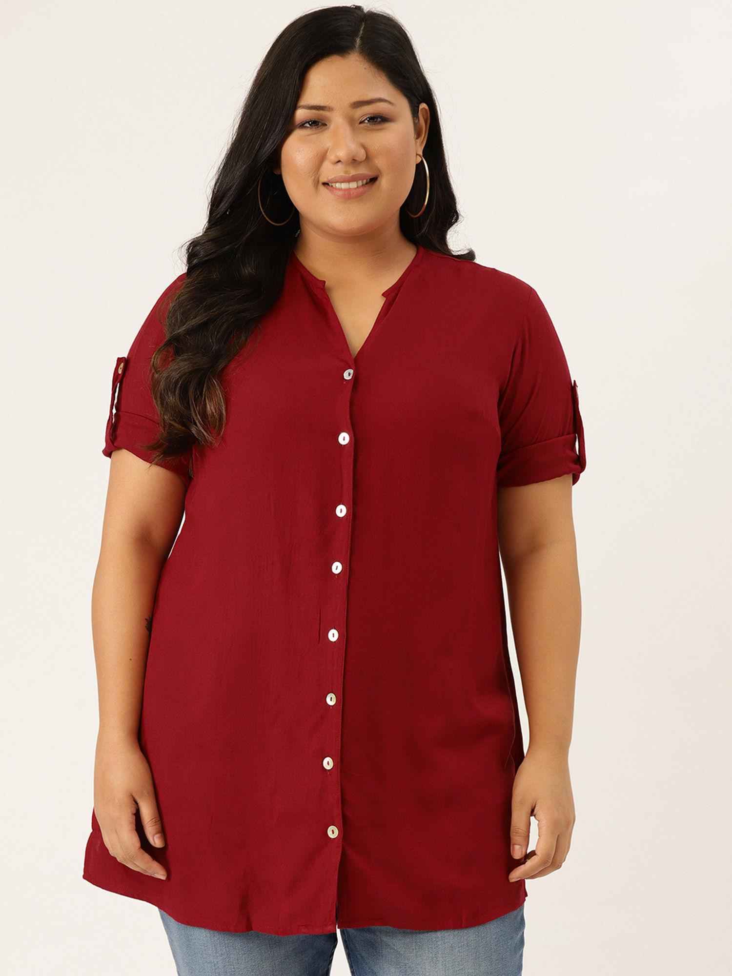 plus size womens maroon solid colour longline casual shirt