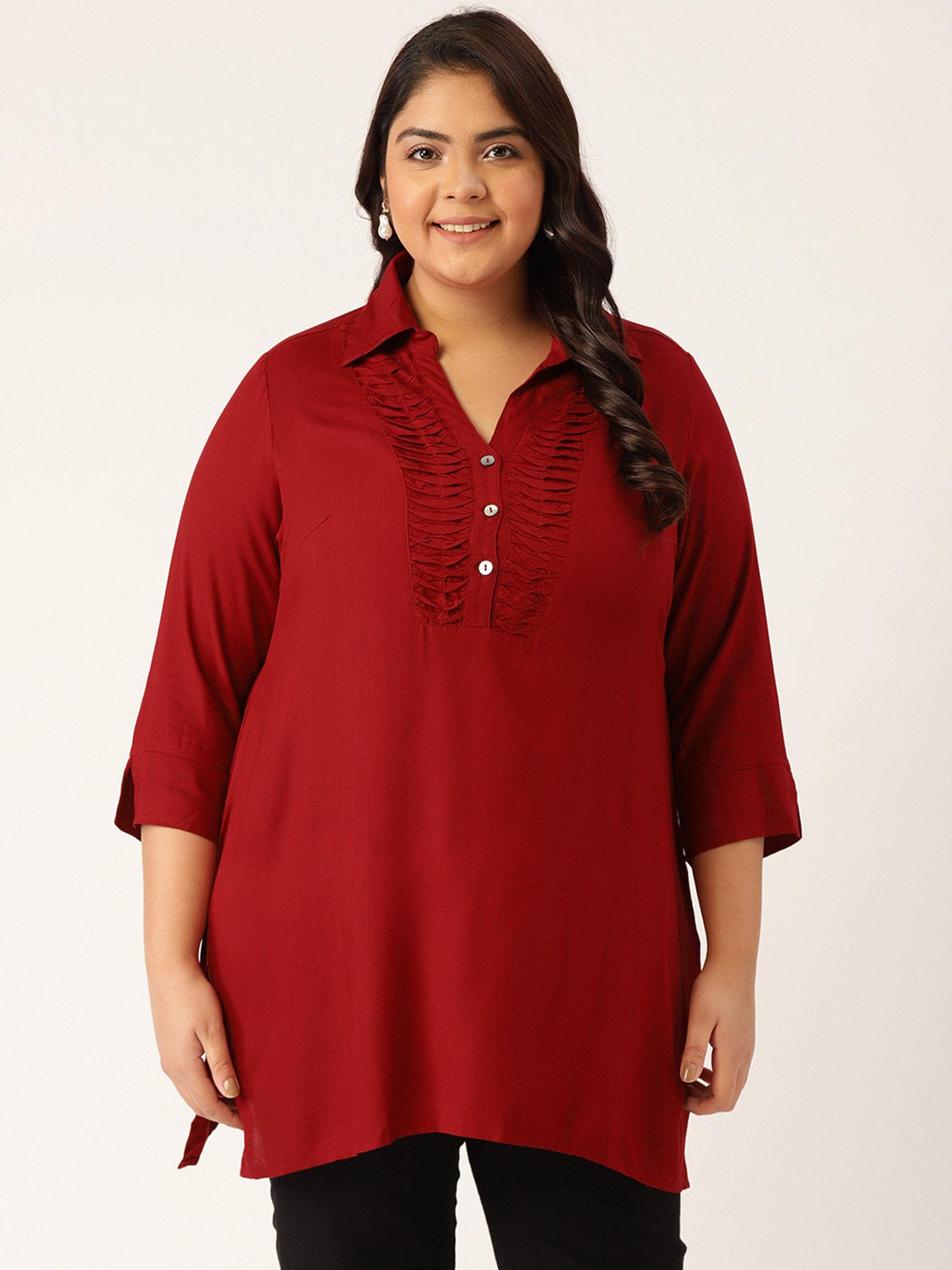 plus size womens maroon solid colour shirt collar tunic top