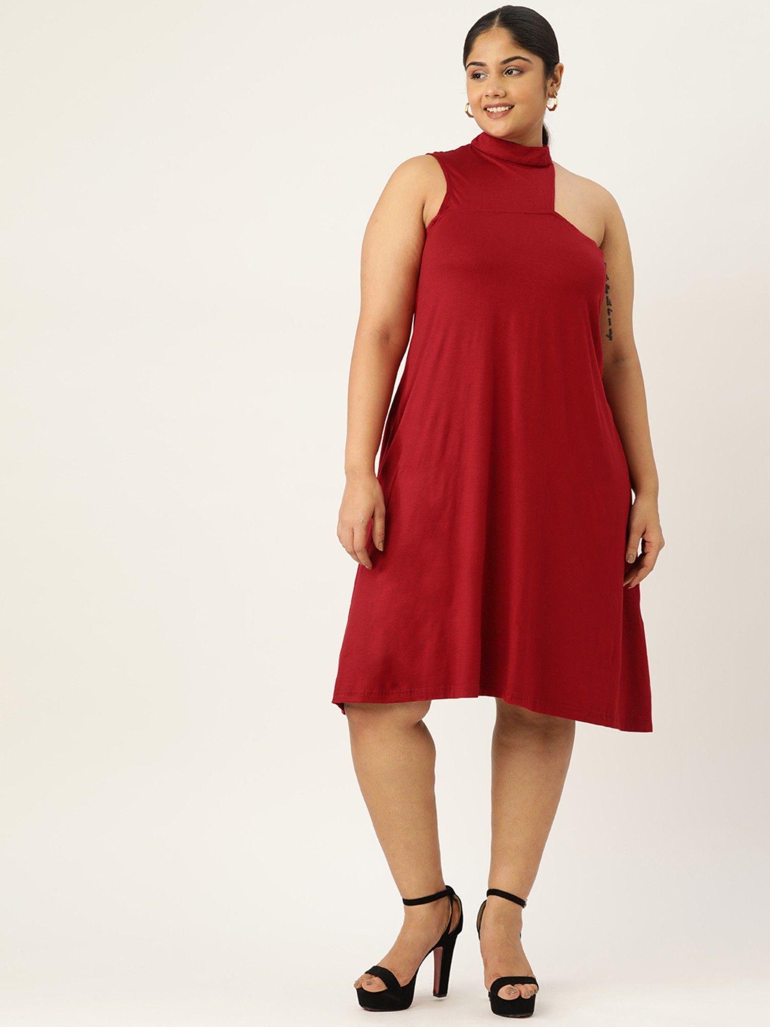 plus size womens maroon solid high neck a-line midi dress