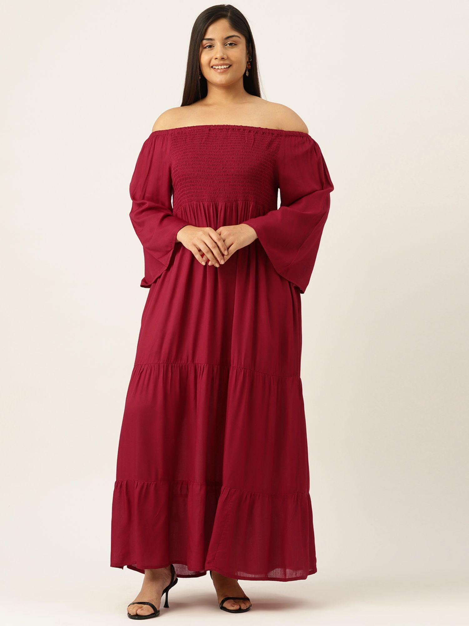 plus size womens maroon solid off-shoulder maxi dress