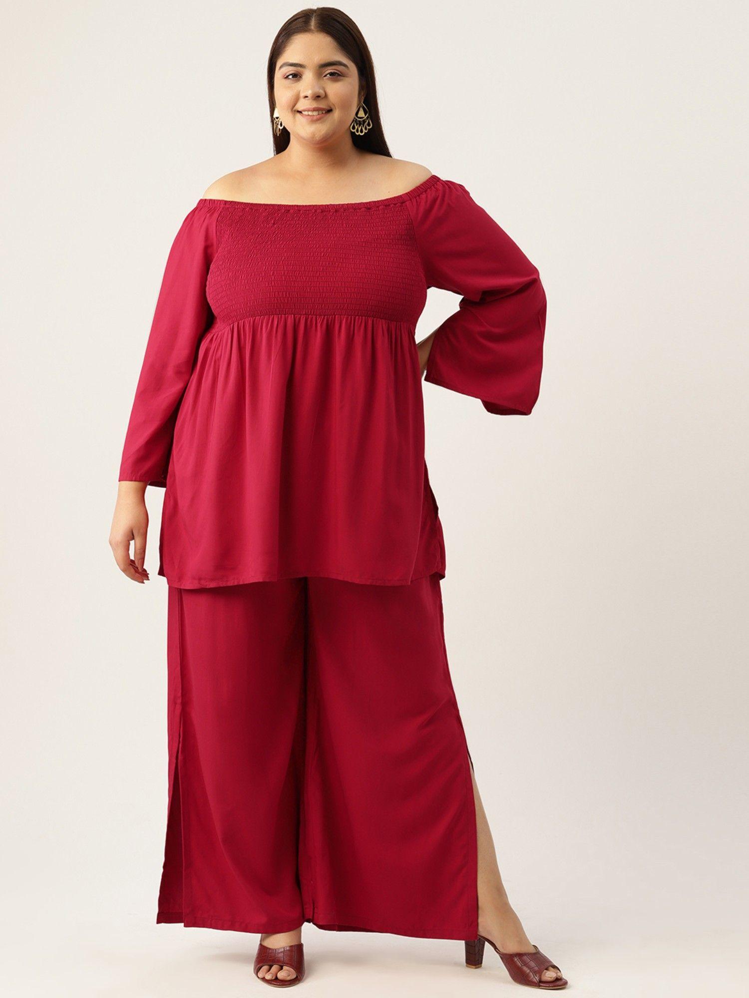 plus size womens maroon solid smocked top with palazzos (set of 2)