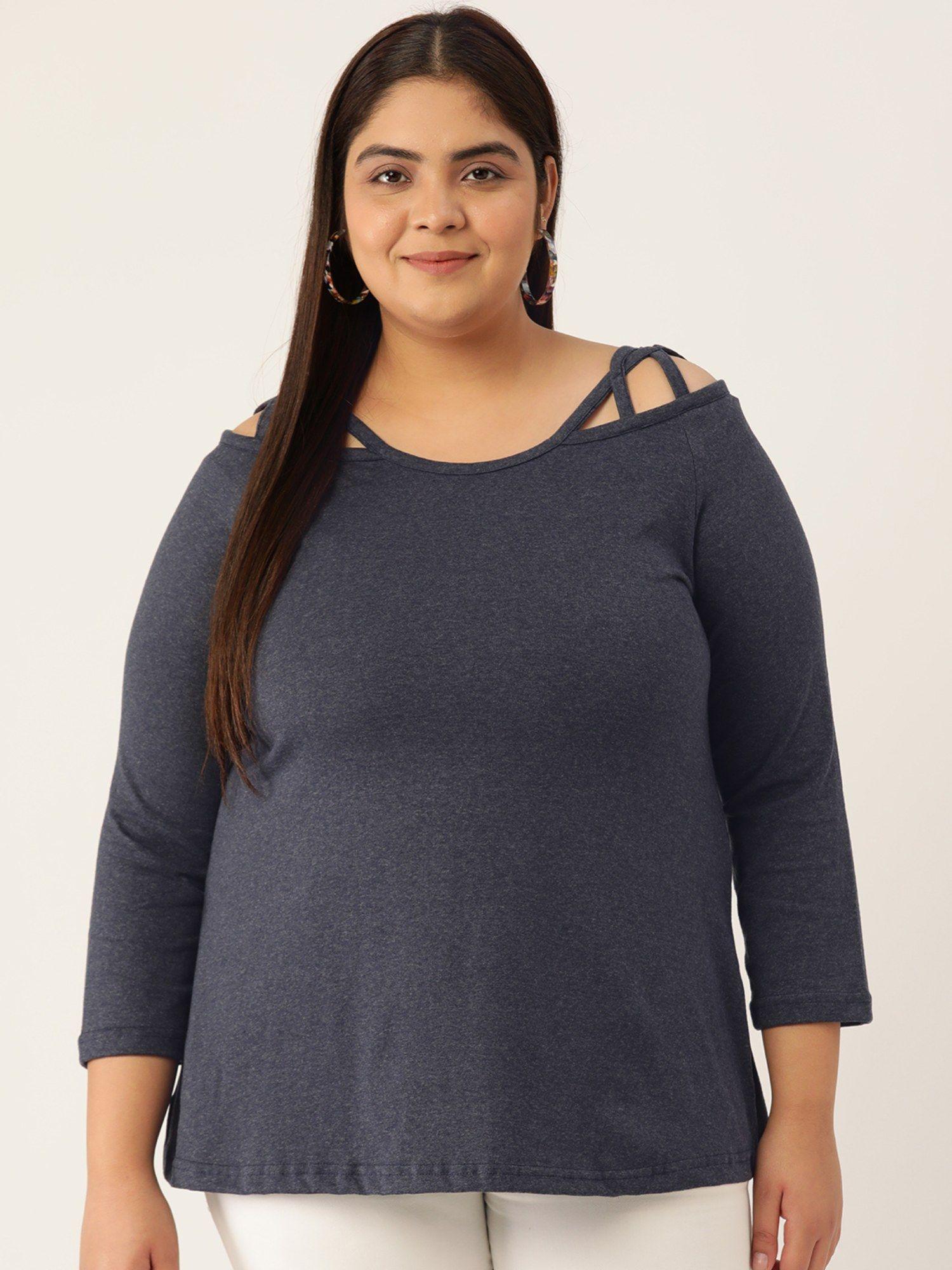 plus size womens melange blue solid color cotton knitted top