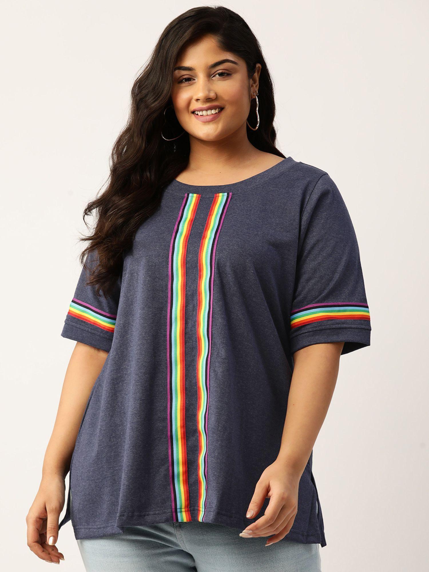 plus size womens melange blue solid color with striped detail cotton t shirt